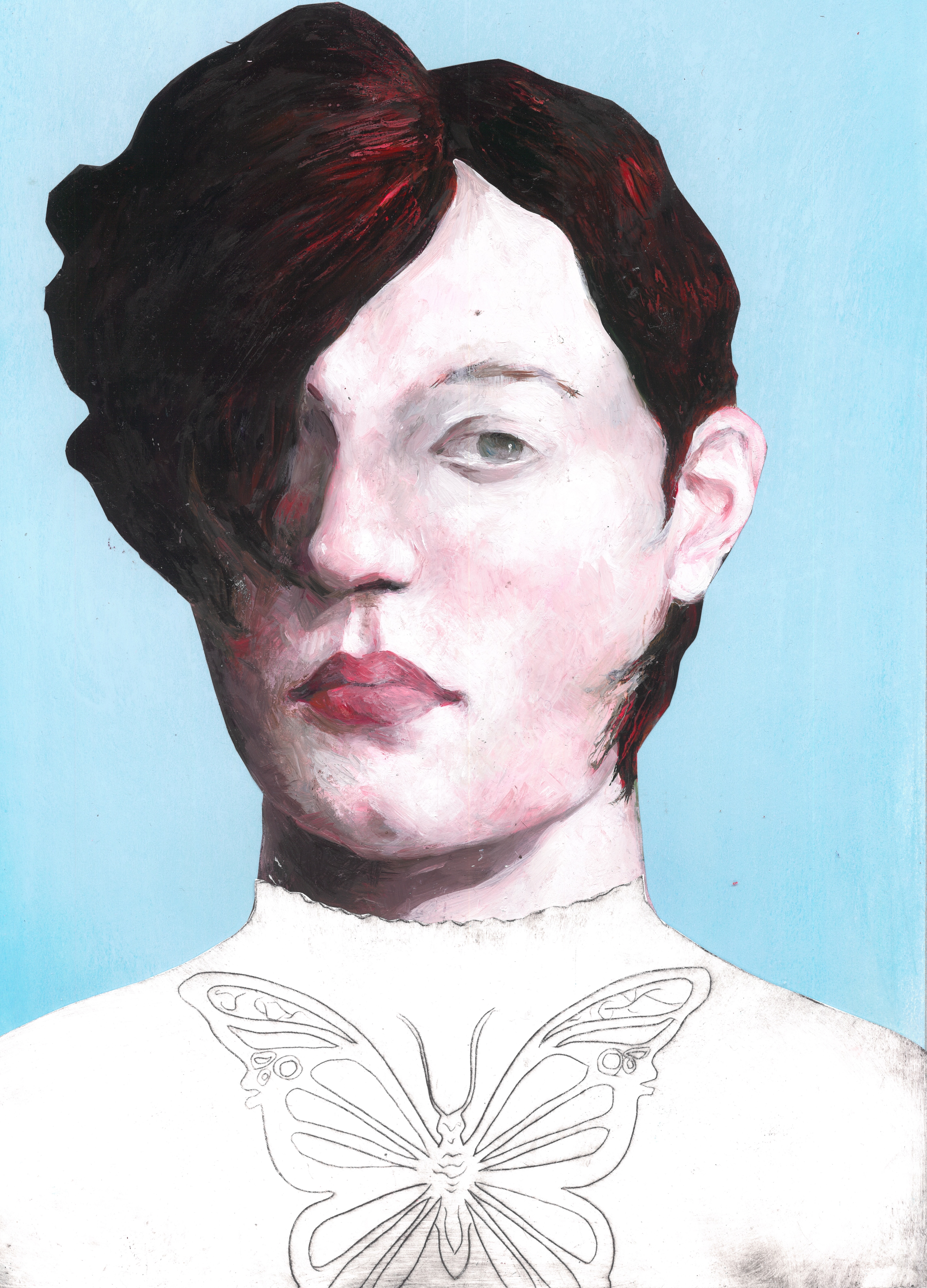 OphélieÖlfarbe auf Papier, Collage mit verfremdeten Fotomaterial sowie Radierung, 28 x 44cmSerie: Melancholisches Porträt2024