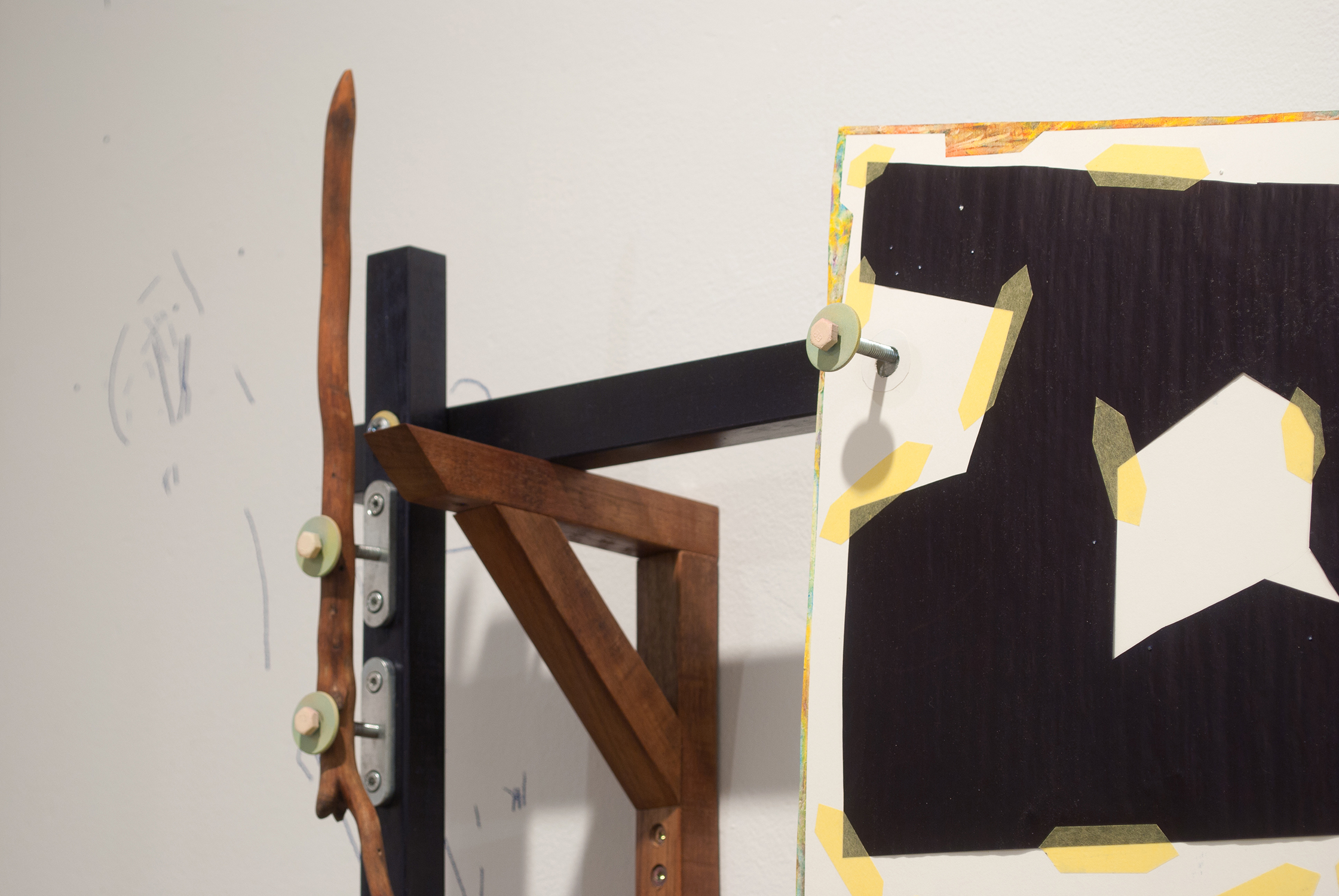 a reticent purpose / 2  Oil pastel, gesso, tape, and carbon paper on paper. Pigment stained wood. Aerosol paint and hardware. Site specific carbon transfer on wall.  2018 - variable dimensions