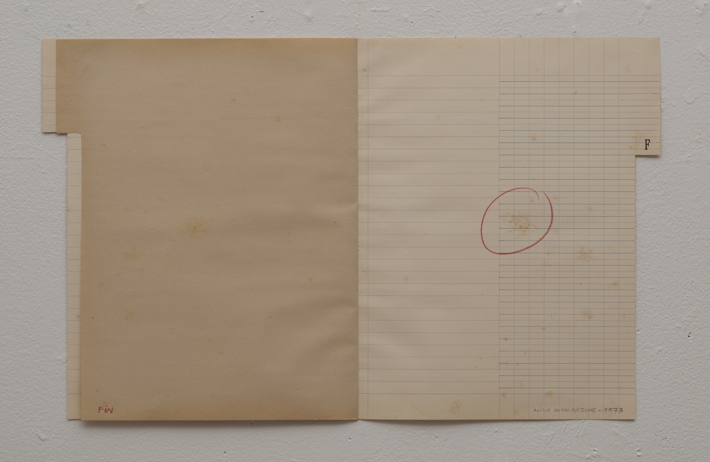 Fin (End), 1973 Red pencil on pages from book to copy letter from Bayer company 11" X 18"