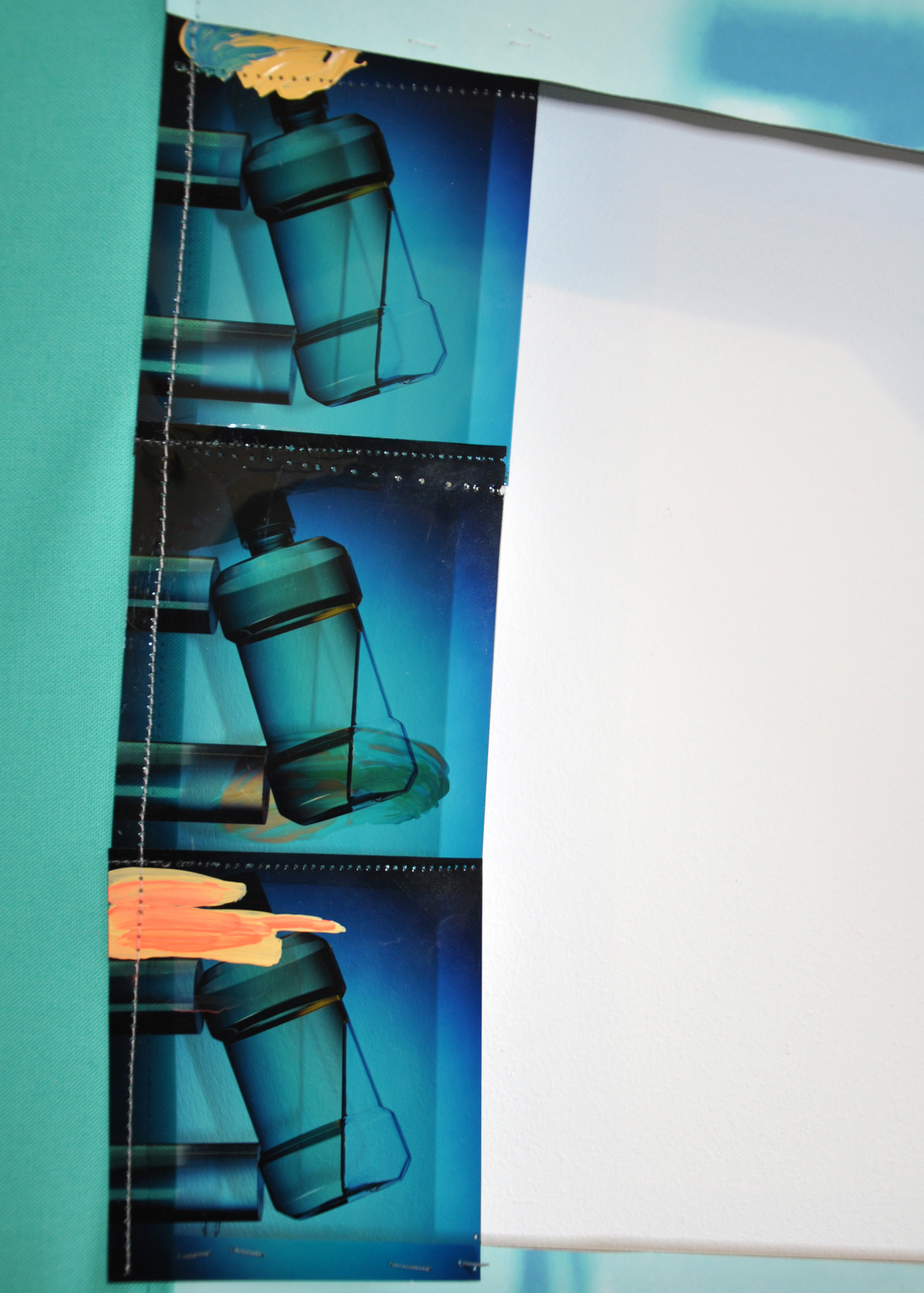 Detail: "Cam", Cotton canvas fabric, archival inkjet print on vinyl, large format film transparencies, wood, paint, thread 49 x 66 inches