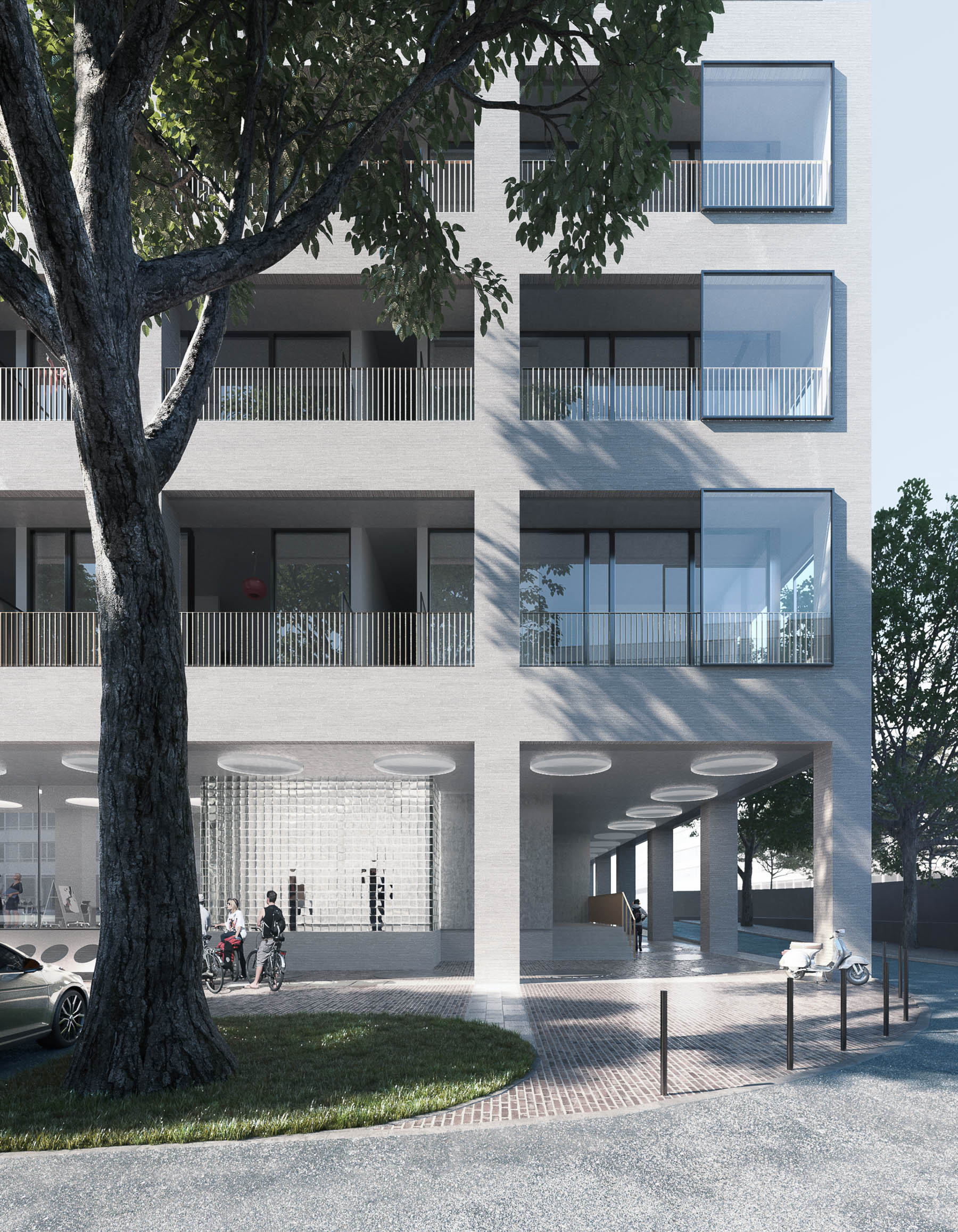 Rendering of a street corner with a view of the winning design for a residential complex in Cologne.