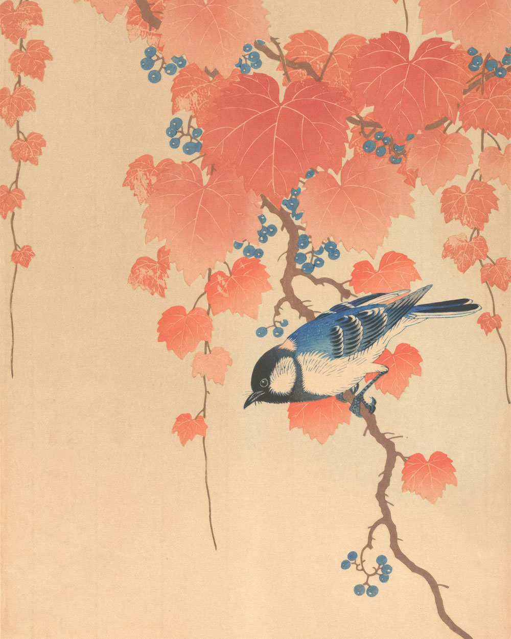 A painting of a bird sitting on a tree branch