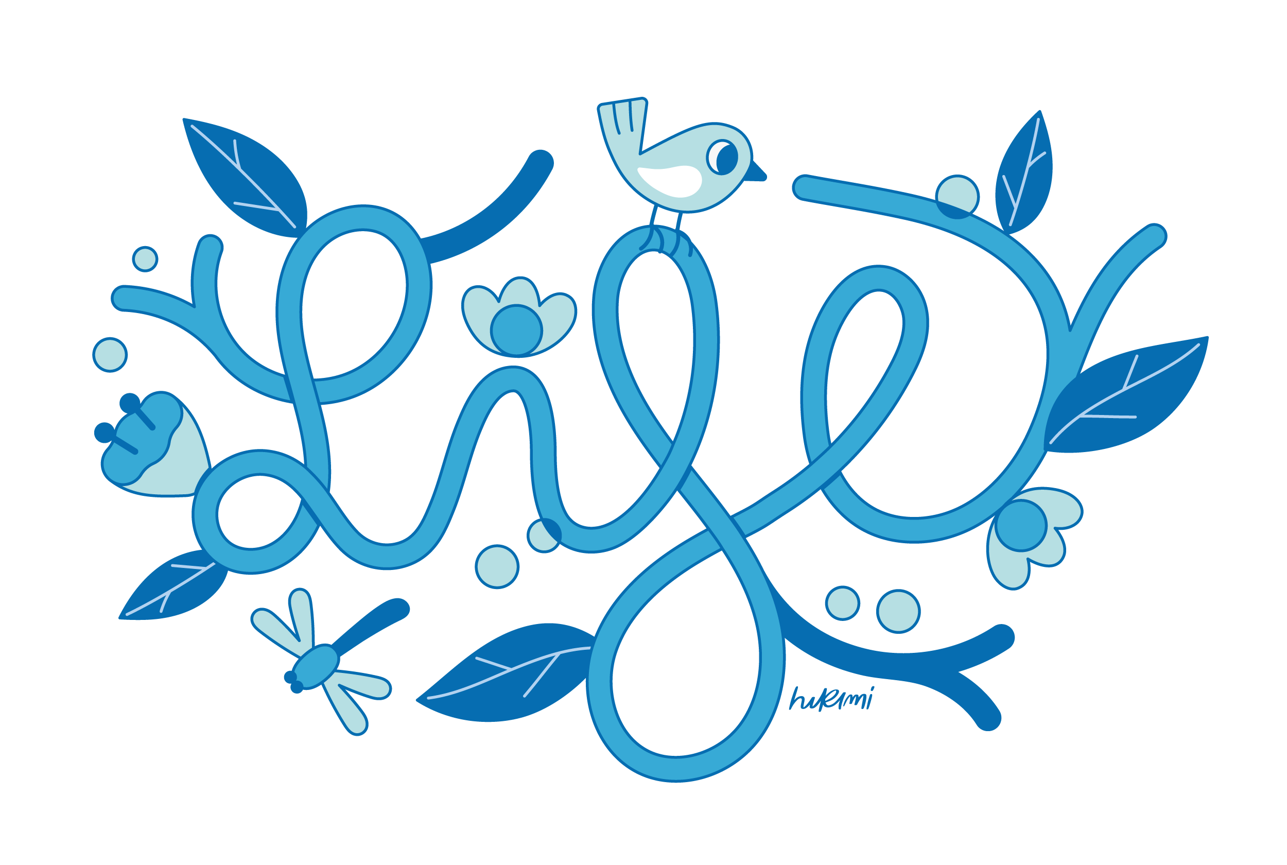 elegant blue illustration that spells out the word "Life" in a flowing, organic script. The design is enriched with leaves, flowers, a bird, and small insects, creating a vibrant and harmonious composition. The artwork, created by Hikimi, celebrates the beauty of nature.