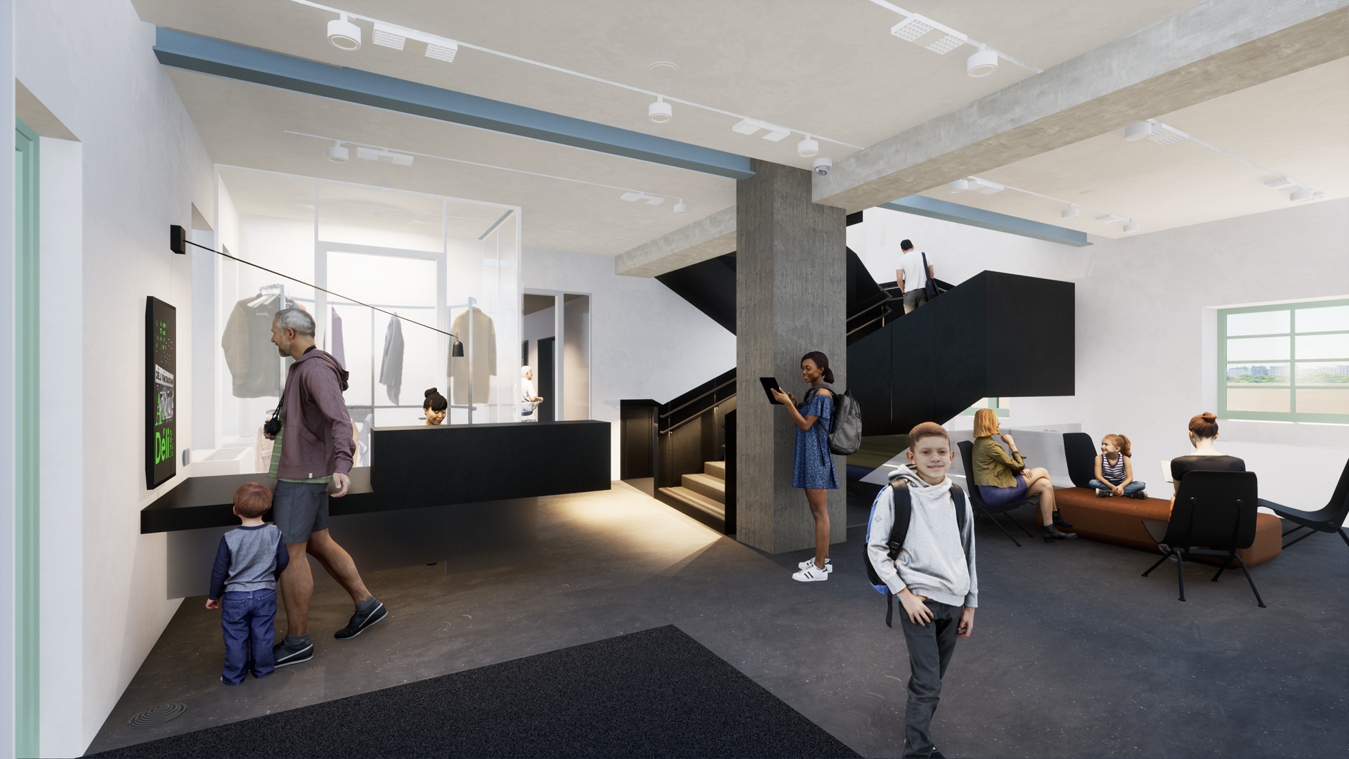 In the lobby the additional staircase and the floating reception desk is composed by two materials to be found in the building: steel and concrete.
