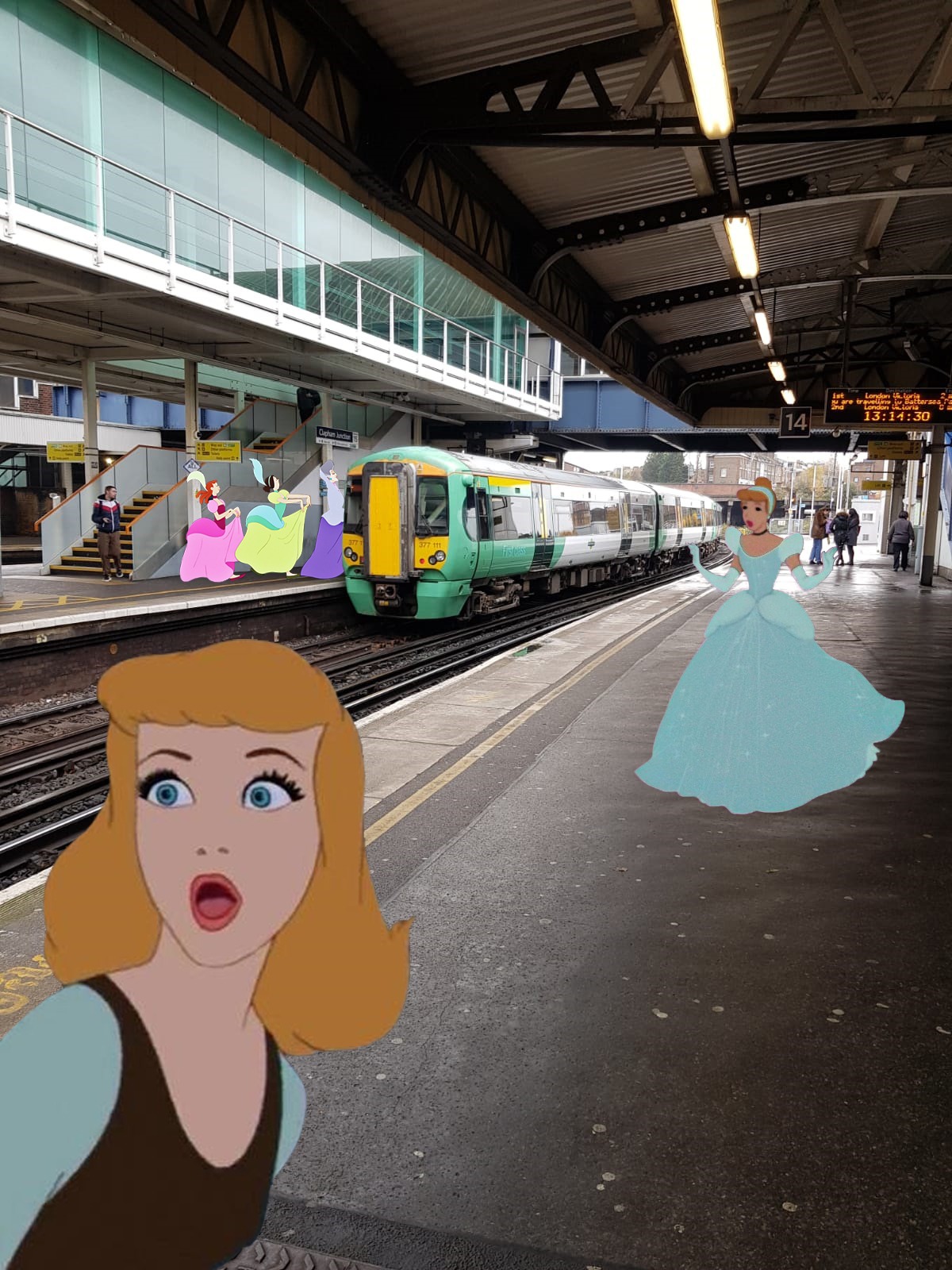 oh shit, wrong platform (2020) photo taken by me at clapham junction station. using mutliple characters from the same film helped create a storyline. 