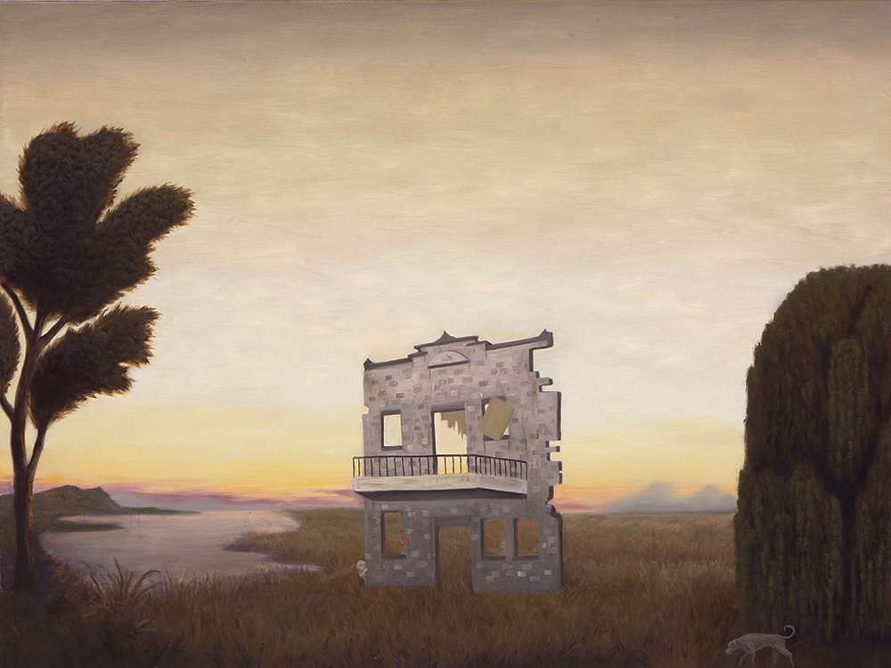 A landscape with a residential building facade in the center between two trees, little figure hides behind it and looks out for a dog