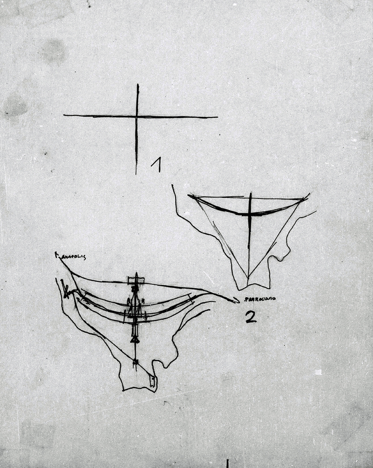 1: Desenhos originais de Lucio Costa para o “plano piloto”, mostrando o conceito urbanístico da cruz católica como fundação de Brasília [Lucio Costa’s original drawings of the “pilot plan” showing the urban concept of the catholic cross as the foundation of Brasília] (Lucio Costa, Plano piloto de Brasília, 1957, sob custódia do [under the custody of] Arquivo Público do Distrito Federal)