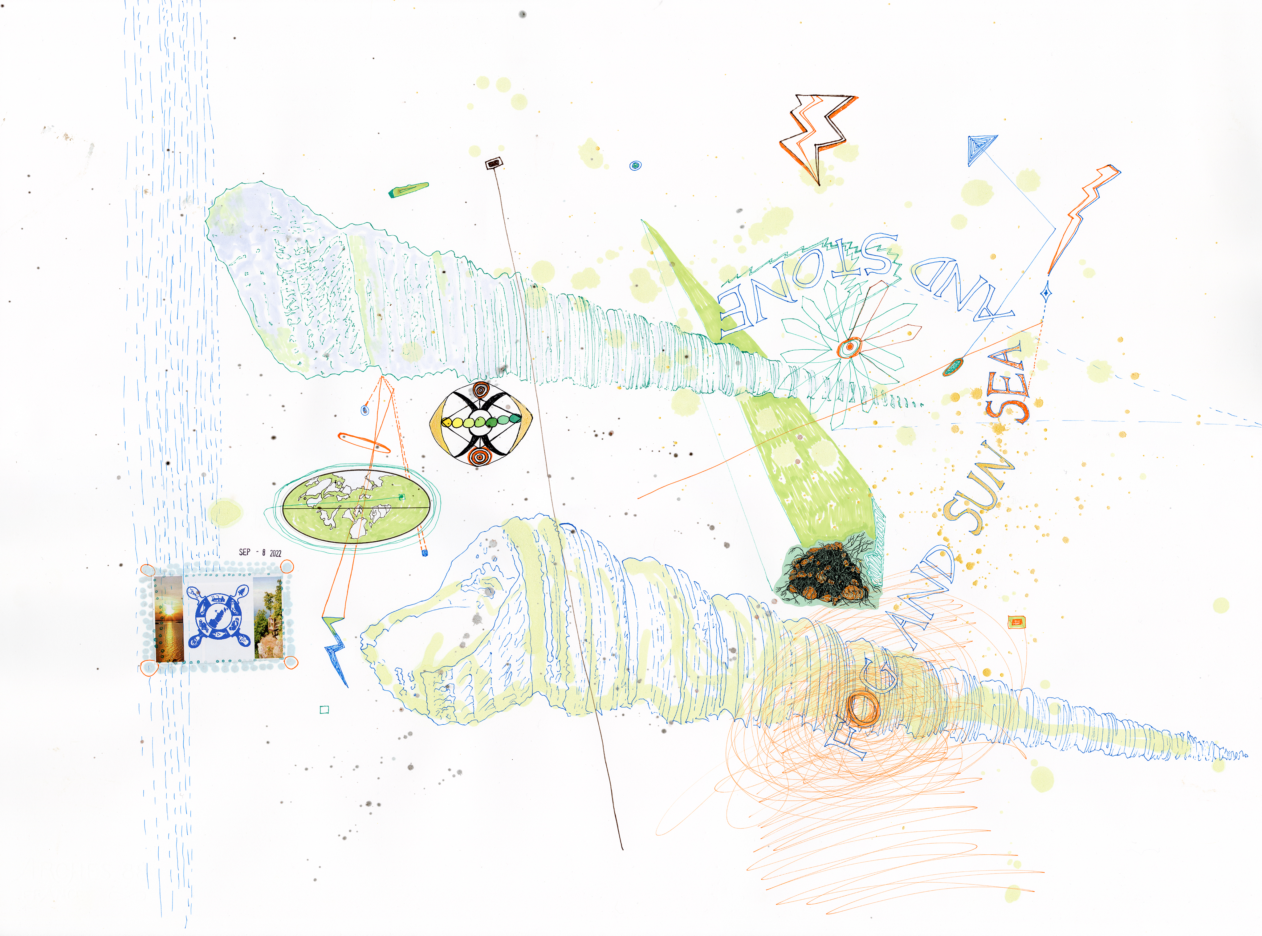 Drawing 26/56 from 56 days at the Dome House 22.5 x 30 inches, ink, Chine-collé, etching and stamps on Arches 88 paper - BUY
