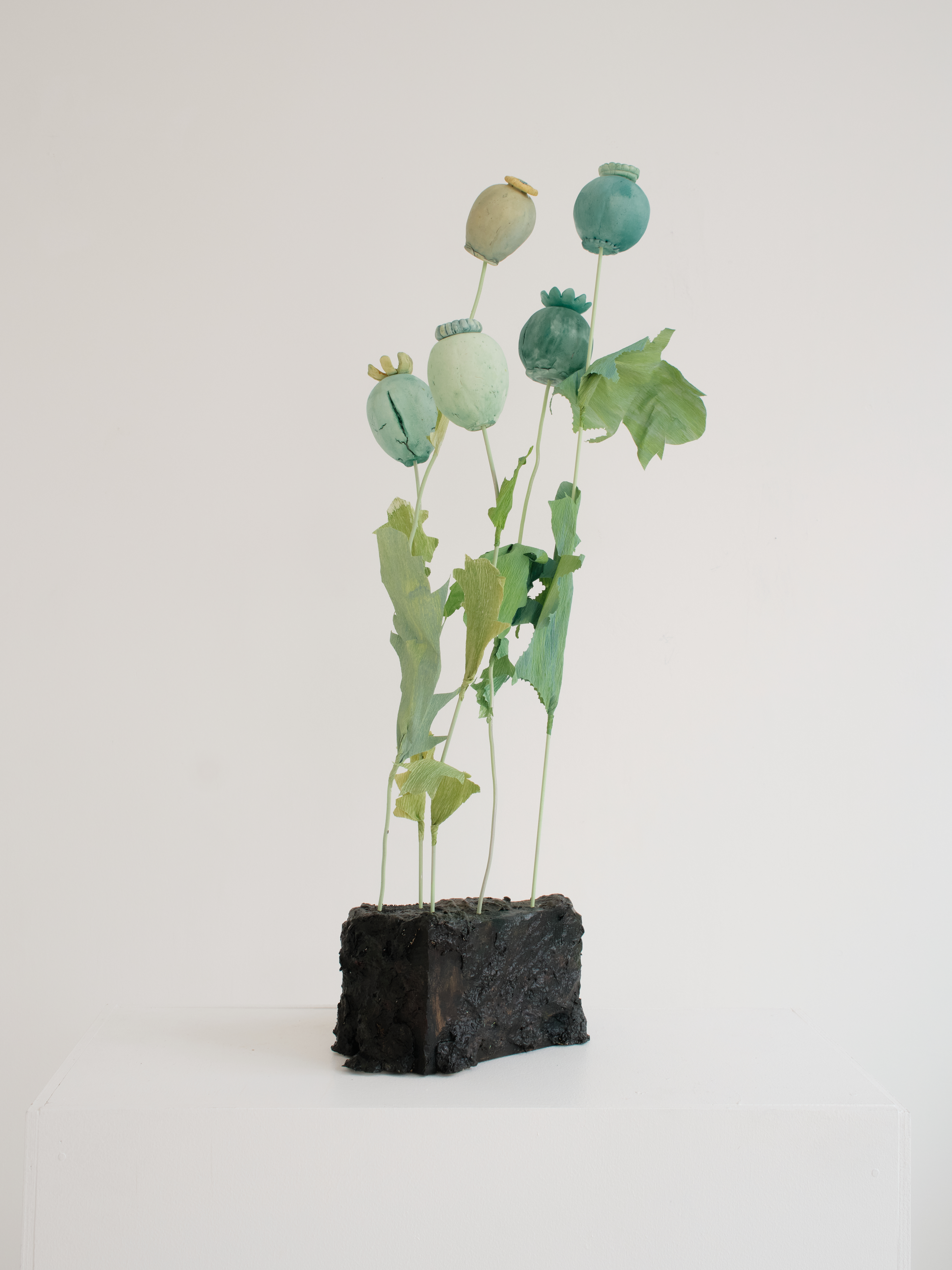 "Stand of Poppies - Quintet 1", dimensions variable, mixed media with wood and papier mache base, 2025. (SOLD)