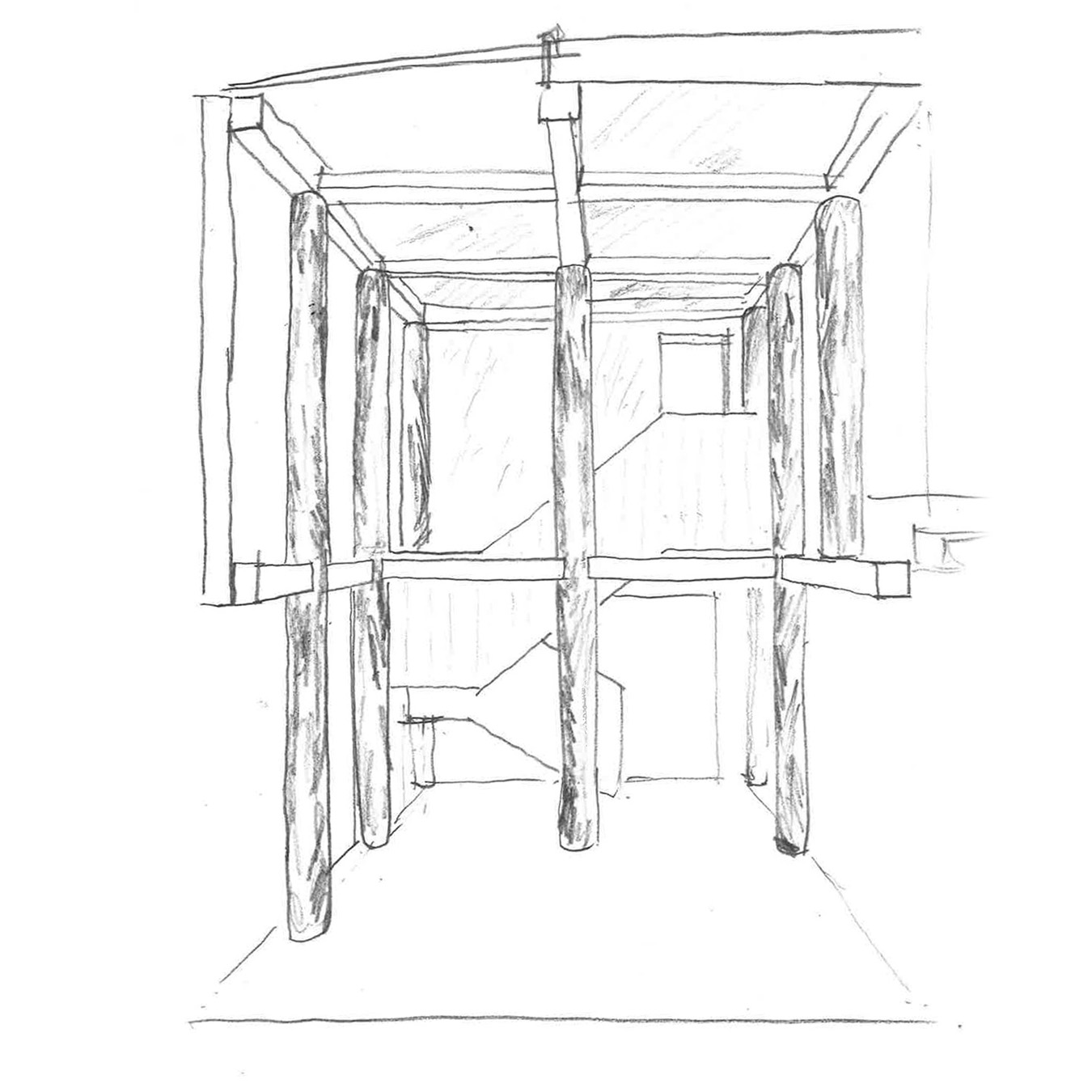 Sketch with rustic logs surrounding the space