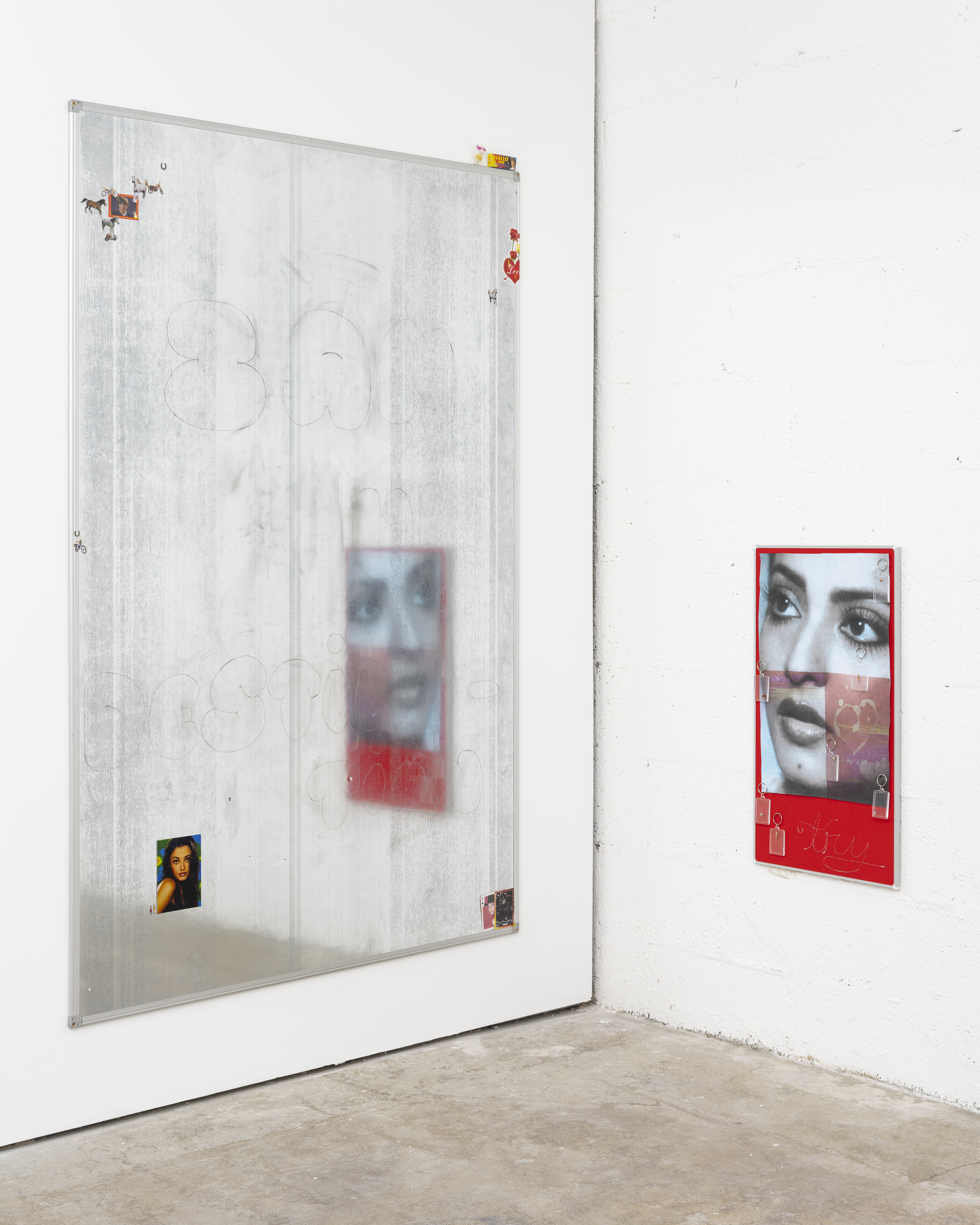 Athen Kardashian and Nina Mhach Durban, Final Destination 3, 2023, Noticeboard with Stickers, Postcards from Artists’ Collection, Bobby Pin Pack, Mouse Figurine, and Playing Cards, 180 x 120.5 x 2 cm