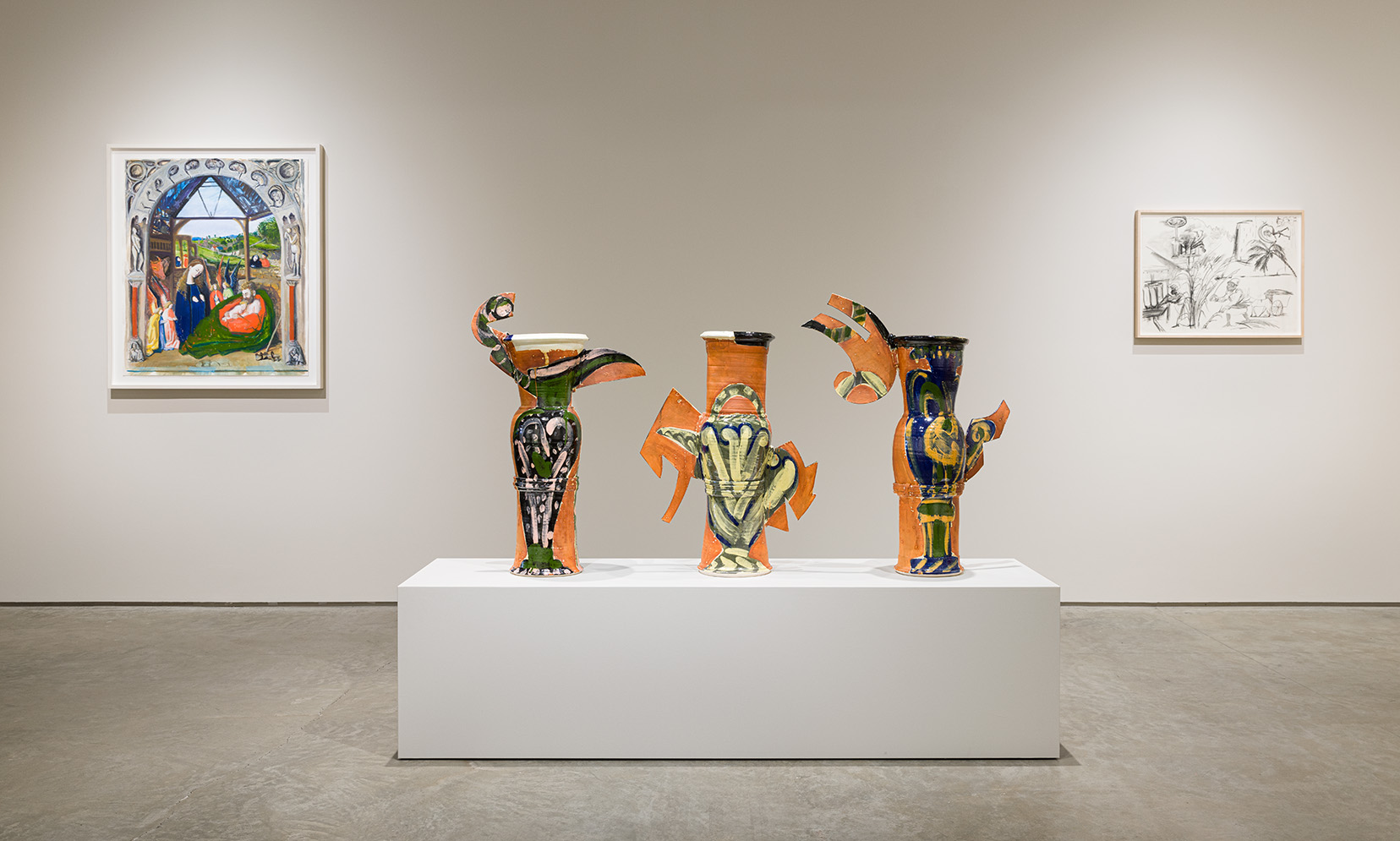 (Left) Tirtzah Bassel, The Nativity (After Petrus Christus), 2021. Gouache on paper, 36 x 42 inches. (Center) Betty Woodman, Athens, 1991. Glazed earthenware, epoxy resin, lacquer, and paint, 35 1/2 x 68 5/8 x 10 1/4 inches. © Woodman Family Foundation / Artists Rights Society (ARS), New York. (Right) Kara Walker, Untitled, 2014. Charcoal on paper, 22 1/2 x 30 inches. Photo by Etienne Frossard.