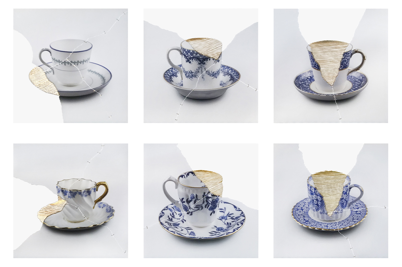 Livia MarínBroken Things (mixed media), 201810 fotografías intervenidas con papel e hilo de oro 