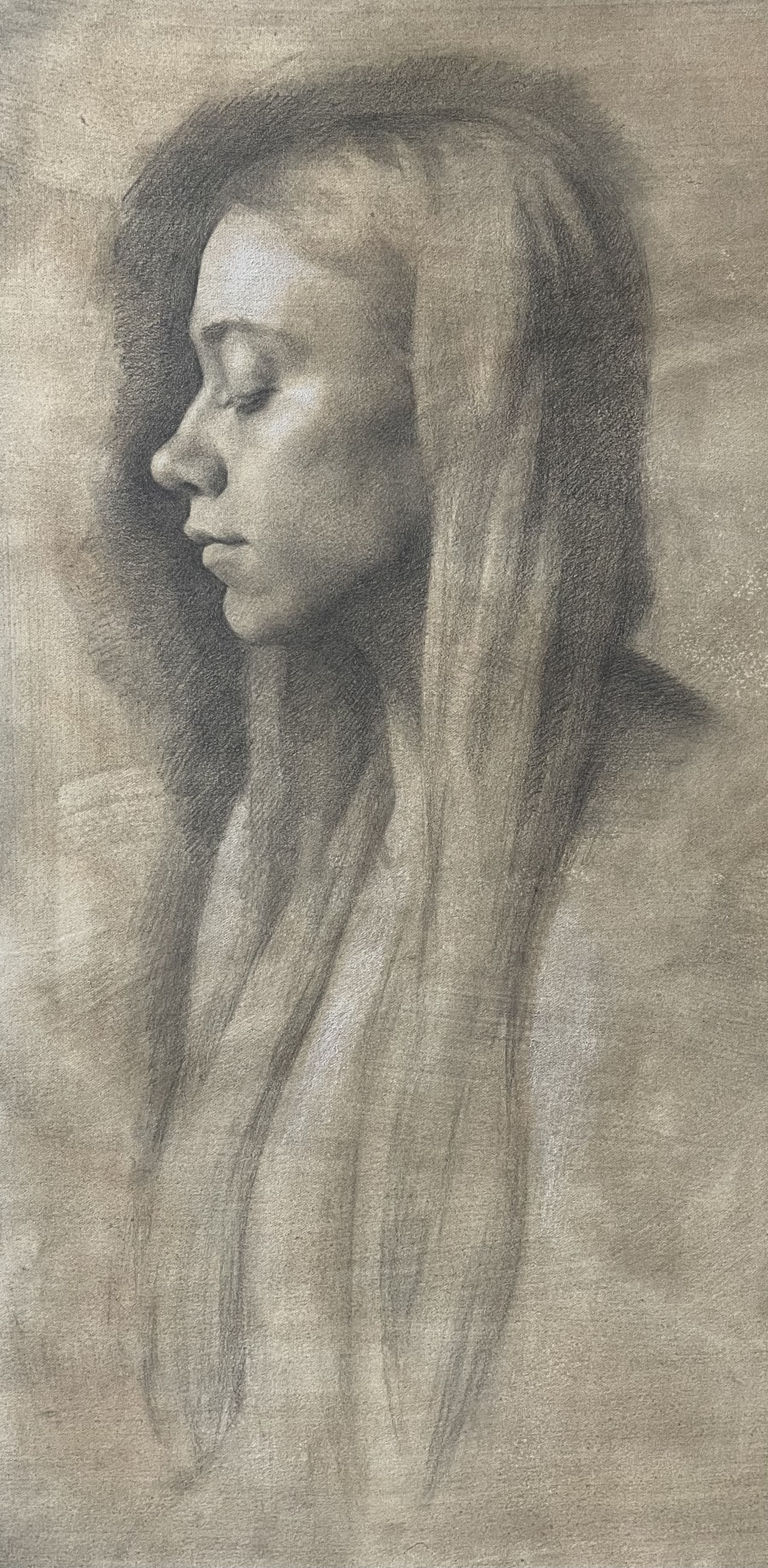 Portrait study of Katie, 202214"x9", graphite & white chalk on toned paper