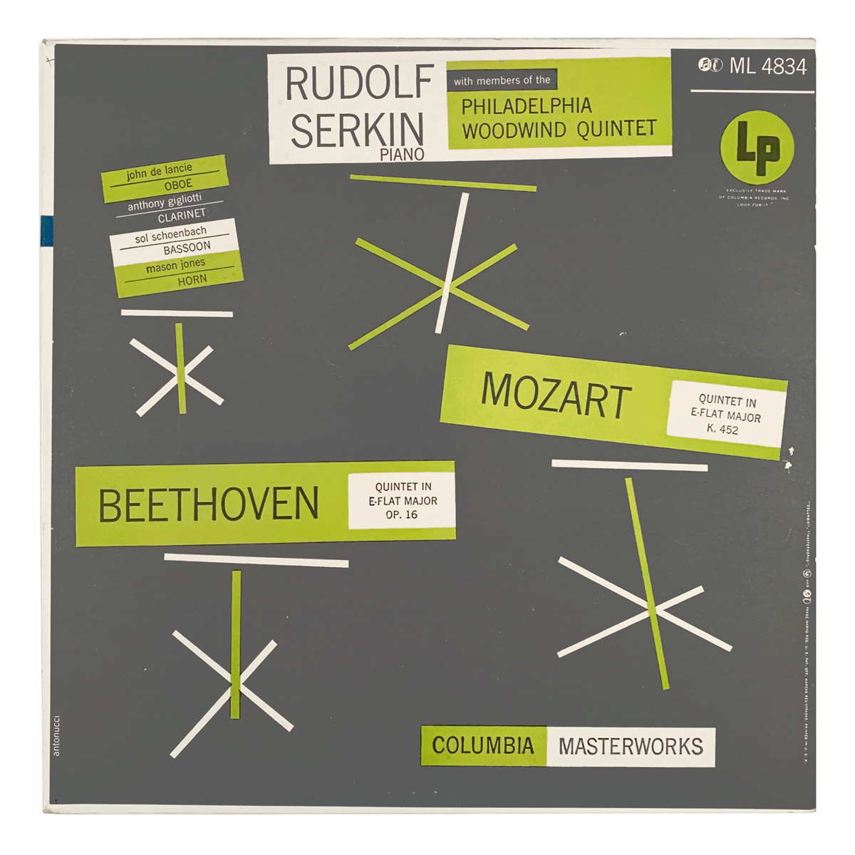 Columbia Masterworks ML 4834 Wolfgang Amadeus Mozart - Quintet in E flat major, K.452 | Ludwig van Beethoven - Quintet in E flat major, Op.16 The Philadelphia Woodwind Quintet Rudolf Serkin | John de Lancie | Anthony Gigliotti | Sol Schoenbach | Mason Jones Design: Emil Antonucci (credited)