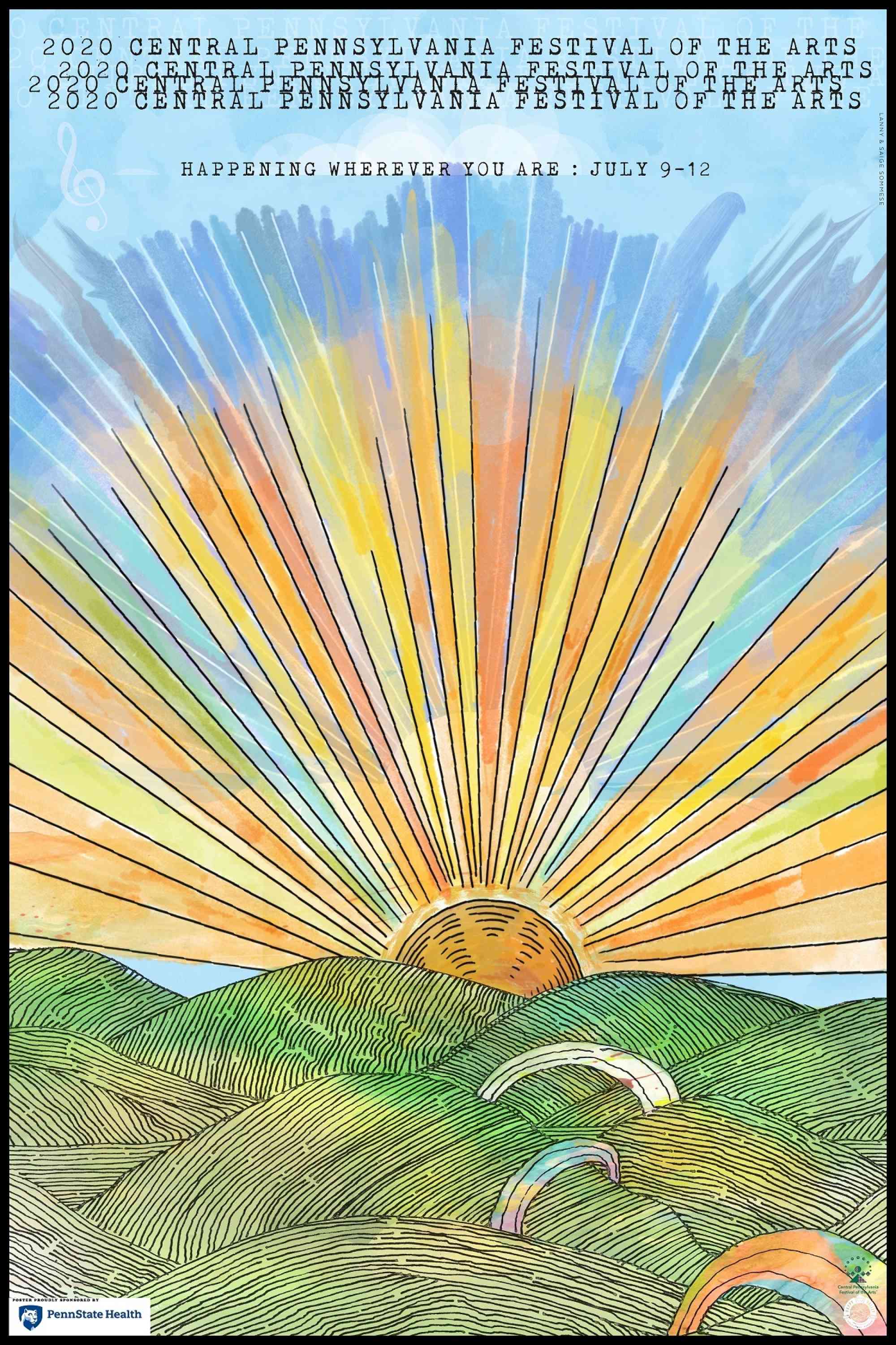 A sunset and rolling green hills. Poster for the 2020 Central Pennsylvania Festival of the Arts by Lanny Sommese.