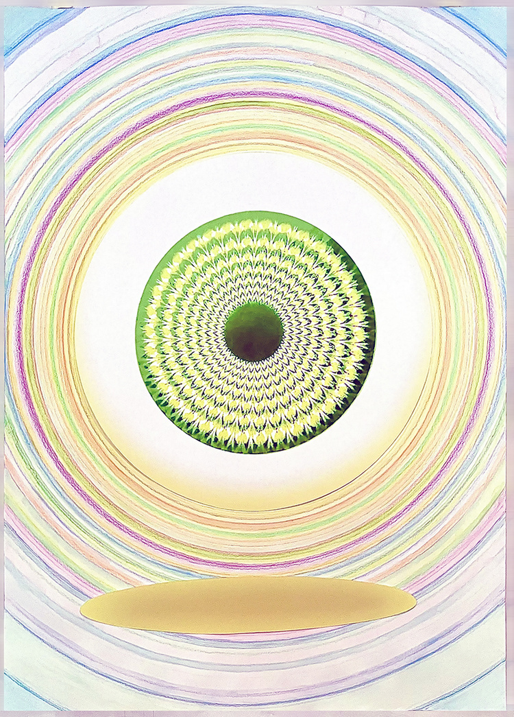 OBLO OMBRÉ & CERCLES COLORÉS sur support – 2022. 70 x 50 cm. Dessin aux crayons de couleur et compas sur papier, encollé sur support (ici prototype sur mfd Ø 0,6 mm taillé de biais sur les bords intérieurs, mais pour les prochains, encollé sur pvc) , avec collage œil irisé et ombre peinte puis vernis