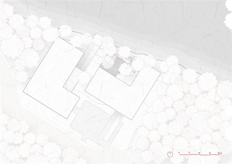 Roof plan of the scheme (residential building + performance hall) with context