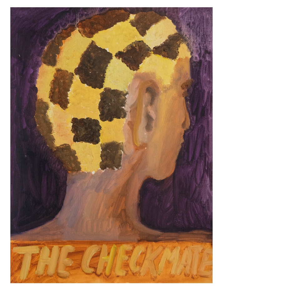 A painting of the back of a persons head. They have a buzzcut and their hair is dyed in a checkered pattern. Text at the bottom reads: "The Checkmate".