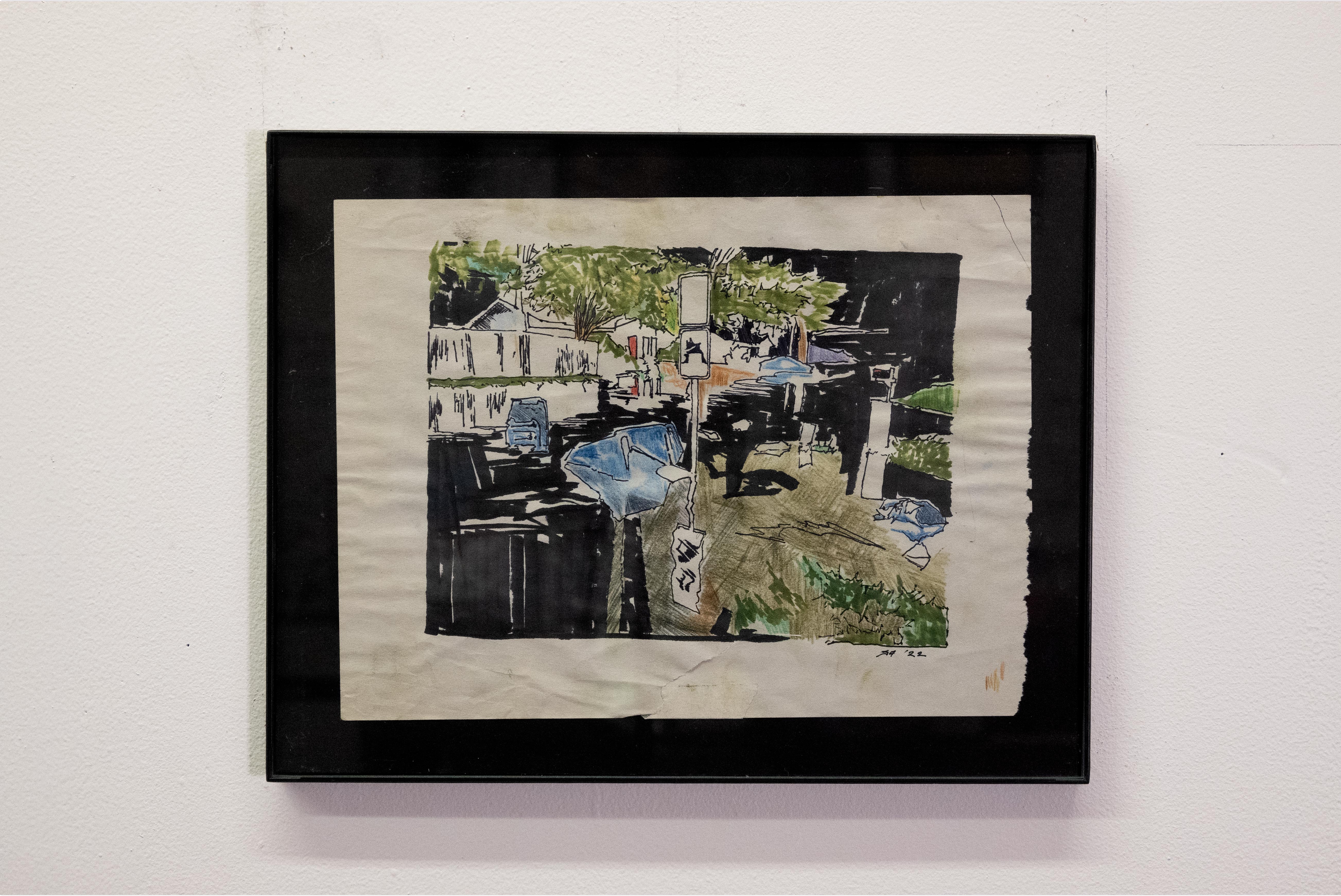 [Dark Neocolonial Floodwaters] Jackson MS: Neighborhood Watch, 2022, Pen, Colored Pencil, and Marker on Newsprint, 9 x 12