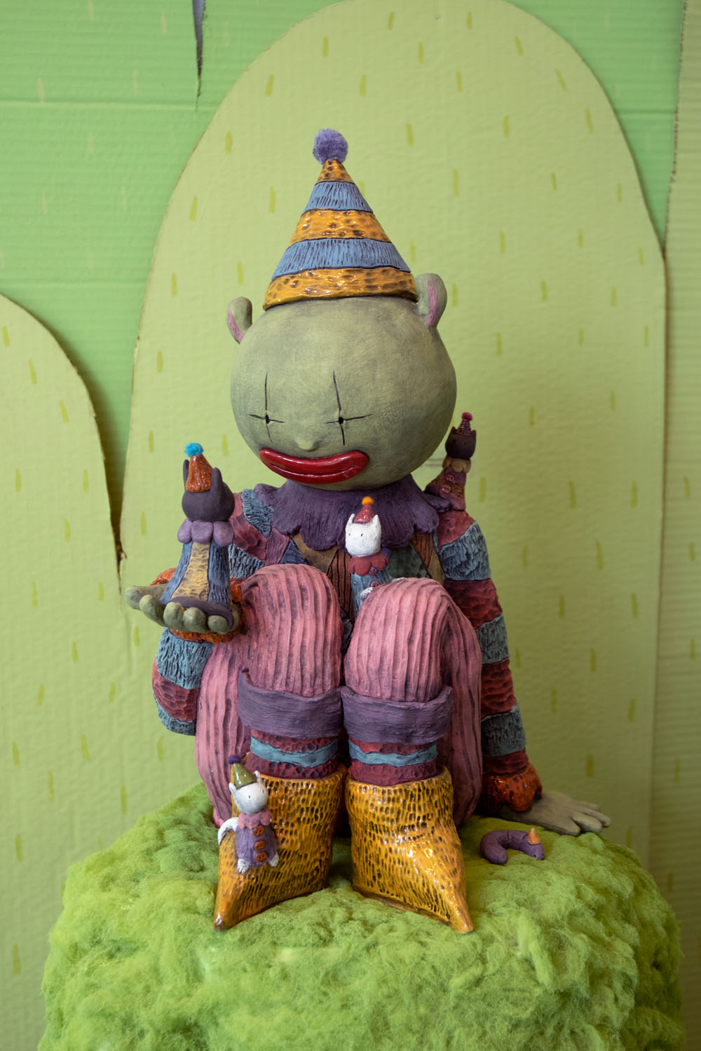 Hob and the Miaousprits  low fire clay, underglaze, wool roving, pom pom, 9” x 11” x 17.75” 2022 