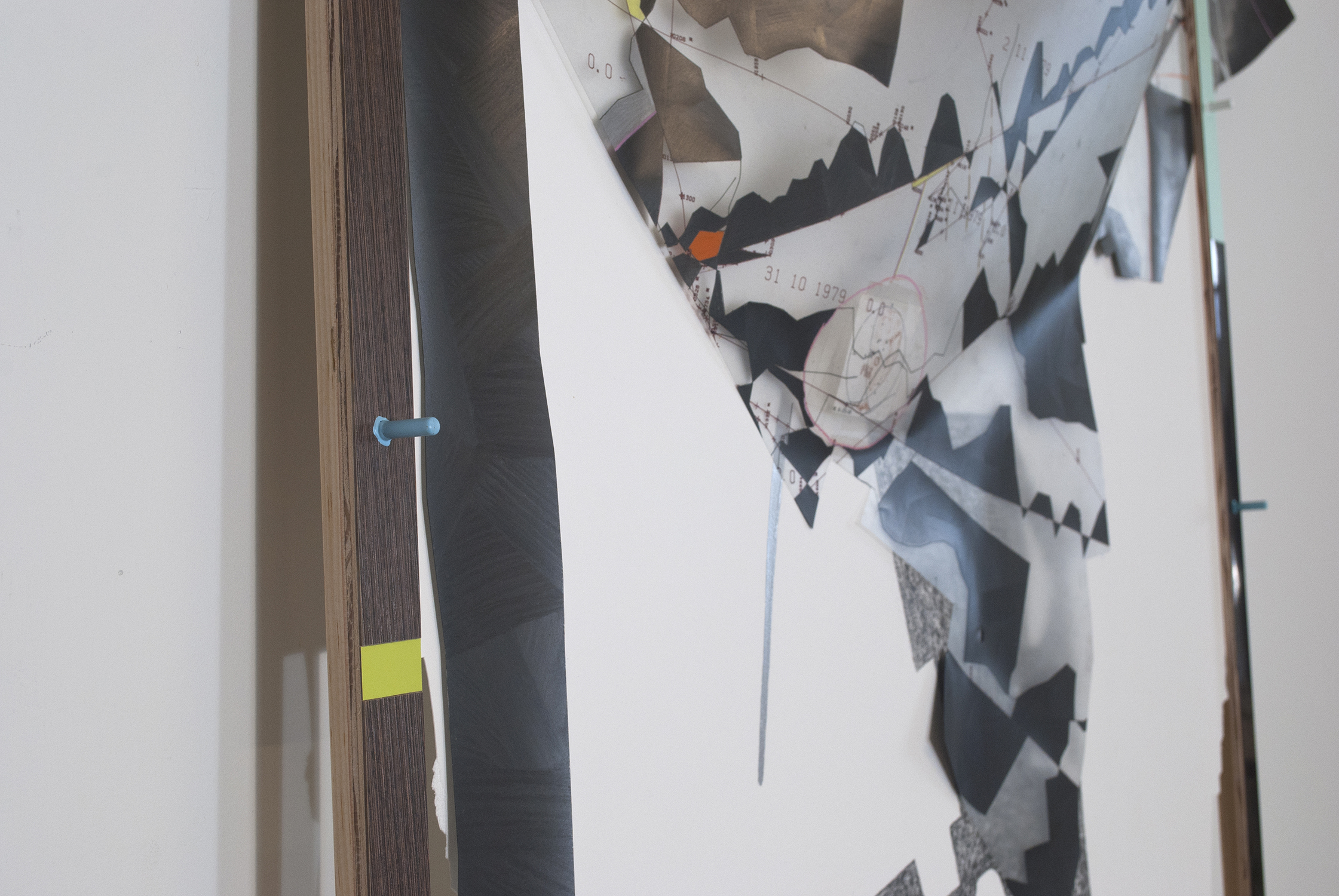 nicene  Graphite, ink, colored pencil, copper and aluminum leaf on paper and mylar. Copper leaf on drywall. Formica, wood, thread.  2012 - 83 x 42 x 49