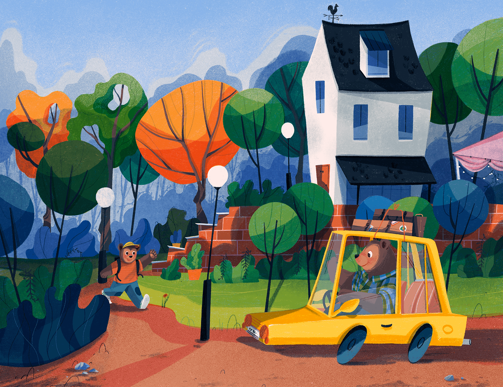 A bear waits in a yellow car for his son that is running from the house in the background