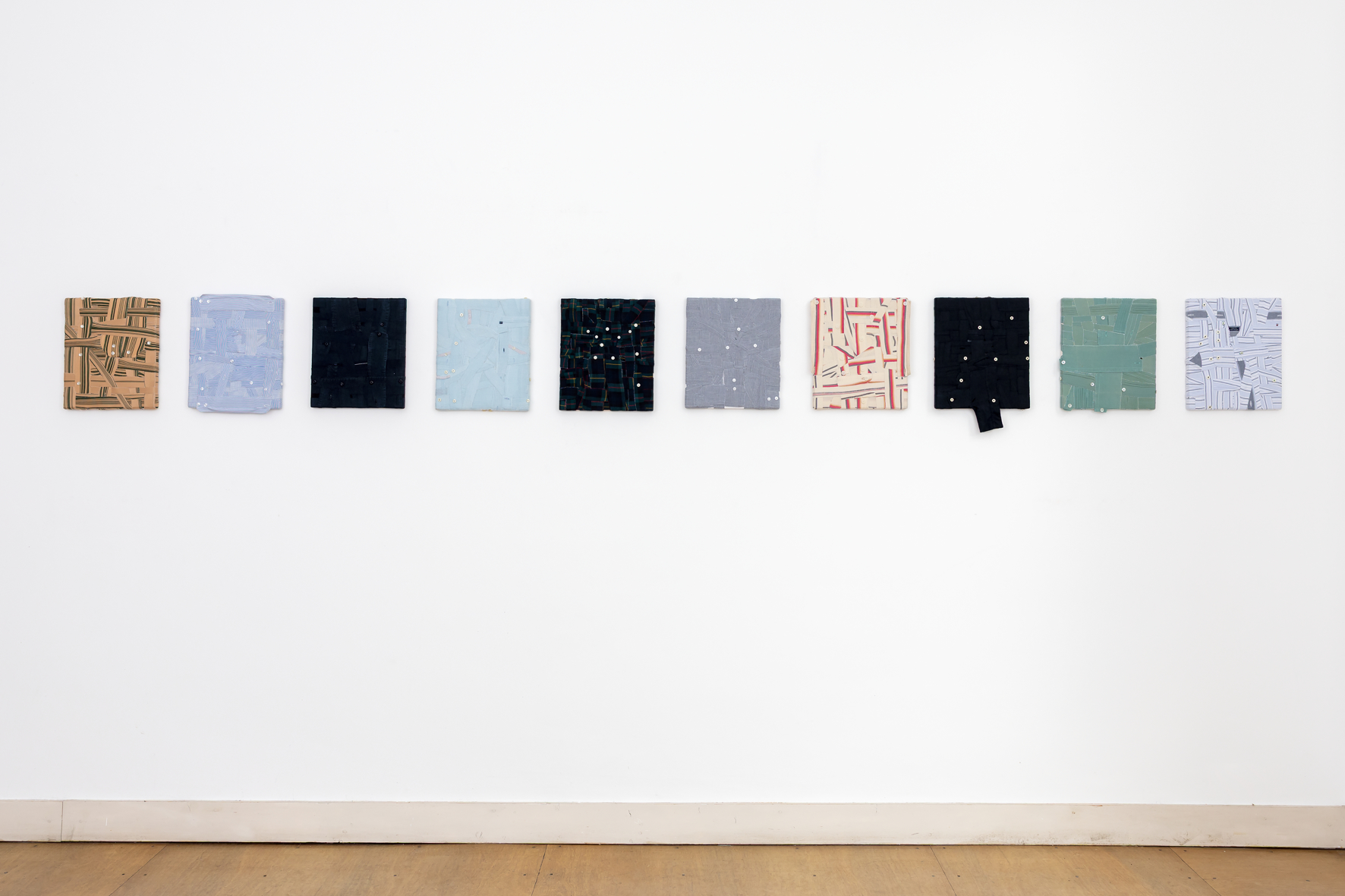 ’Perfect Friends - Perfect Lovers’, 2025. Installation view at PHOEBUS ROTTERDAM. Men’s shirts hand stitched over wooden stretchers. 35 x 30 cm - 35 x 61 cm.