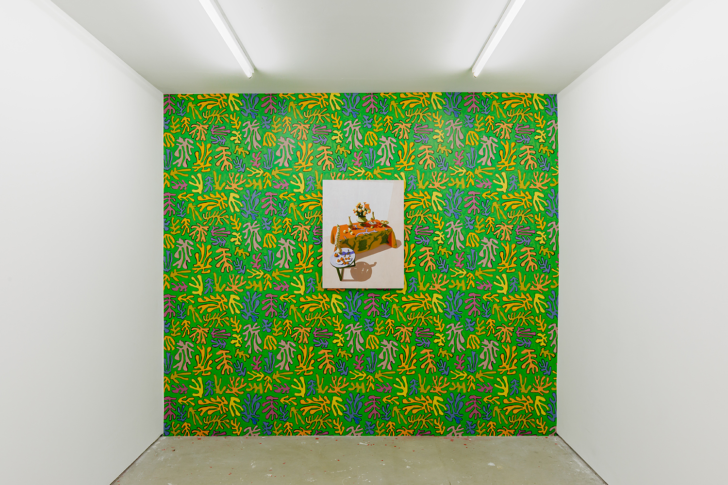 Matisse Passes Through Me 7.3.3, 2021, 30 x 22.5 x 2 inches, UV pigment on acrylic whitewashed birch and oak, NFT Png File, mounted on Matissesque augmented-reality wallpaper