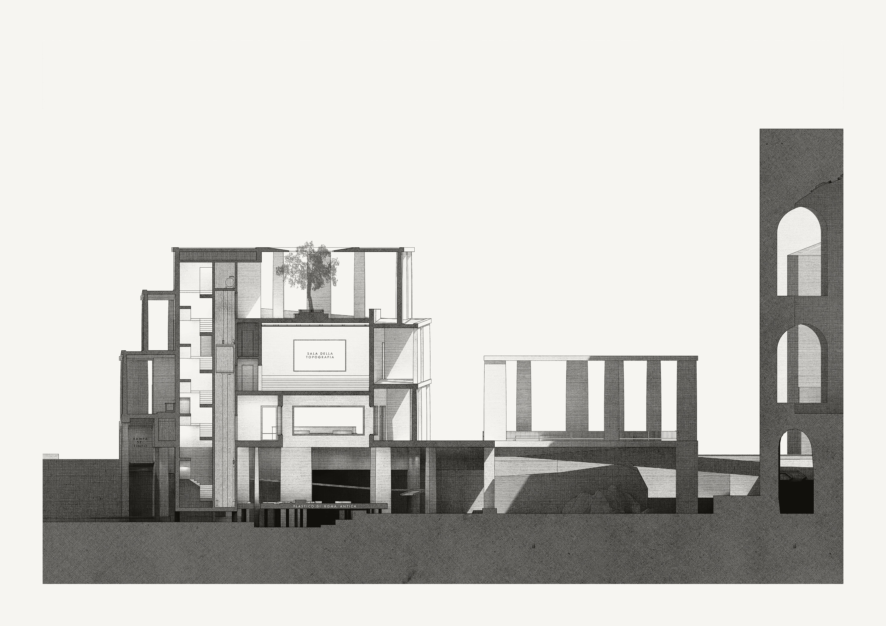 Vertical Section I: The Museo della Forma Urbis is a dynamic building. The outer, ascending walkway works like a promenade that suggests a certain direction of movement: Upwards. Even though the tour is conceived in a linear way, the internal exhibition halls serve like pauses in this linear upwards movement. The architectural experience along this walkway, which opens up while moving upwards, is a continuum while the internal halls contrast to it. The roofgarden of sculptures is a rewarding destination after moving up the ramp. It is most open, directly lit and offers the opportunity to rest before returning to the Piazza via the two elevators.  The Loggia facing the marble map is always open to the public. Its pillars toward the Via dei Fori seem like a filter for the adjacent Piazza. The other side offers an unobstructed view at the Forma Urbis marble map. This view is framed by the surrounding buildings (The Maxentius Basilica and the Museum). The ramps on the city-side lead to the Vicus ad Carinas, an ancient path to the Roman Forum passing through the „Arco del Latrone“ in the foundations of the Basilica of Maxentius.  The staircase ranges from the ancient level up to the roofgarden and serves as an escape route. All installations run along this vertical axis up to the technical area on top of the Hall of the los City.