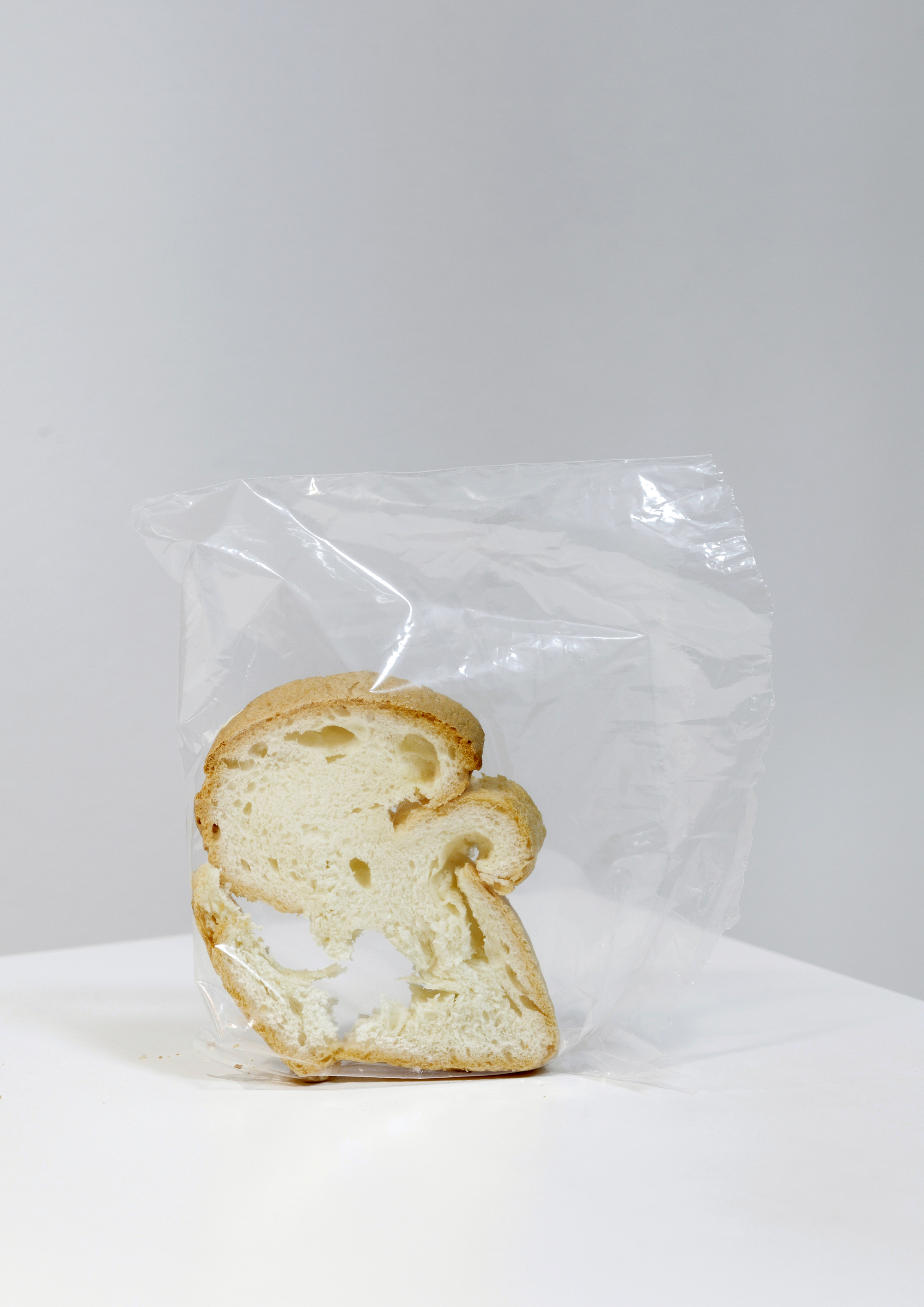 A piece of dry gluten-free bread that I found in our kitchen, standing upright in the plastic bag just like this.