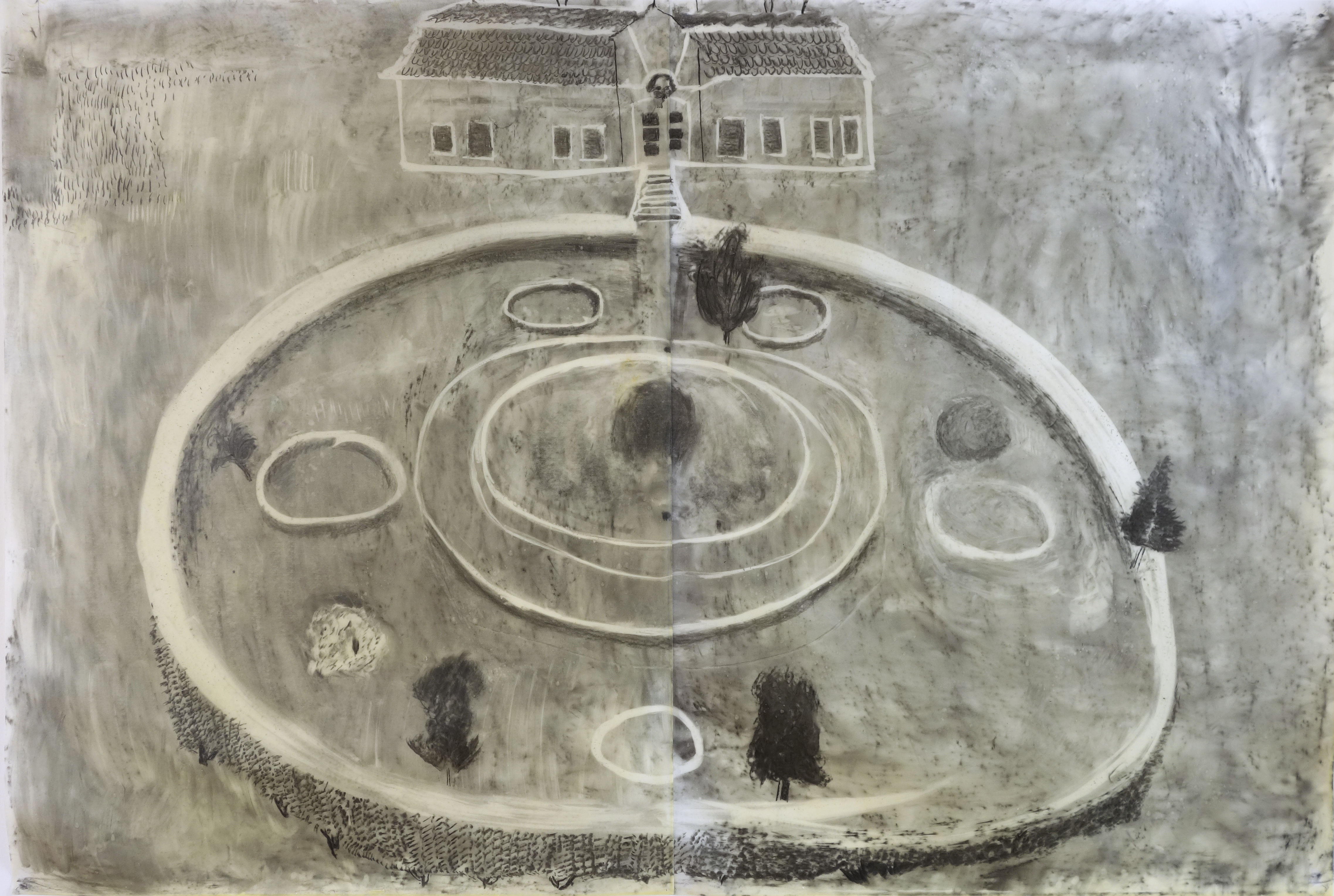 A Little Baroque, a little Mandala, and a little Distance, charcoal, transparent paper, wax 120 x 180 cm 2020