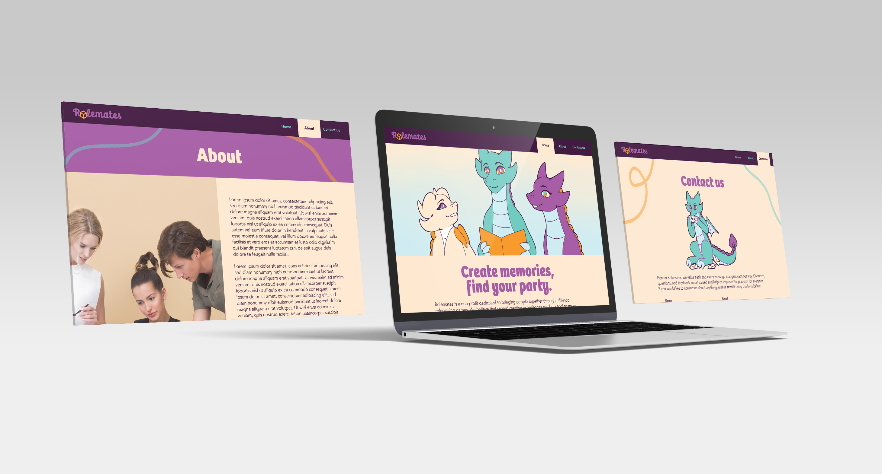 A mockup of the three webpages for the Rolemates website.