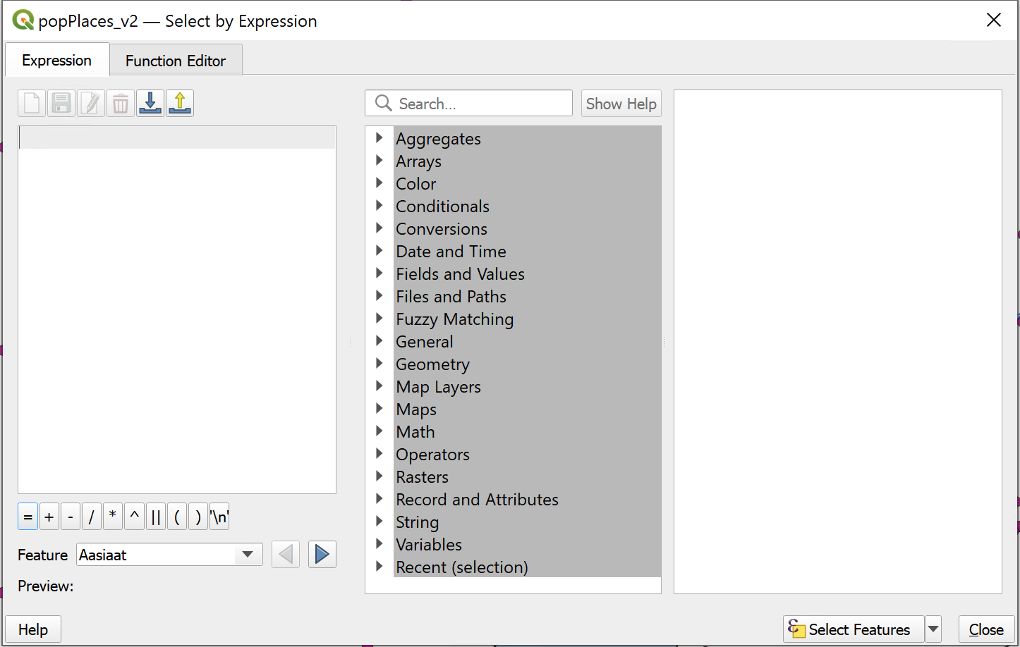 The header of the dialogue box tells us what layer we’re selecting the features from. We will combine the field name with other operators to build an expression on the left side of the box.