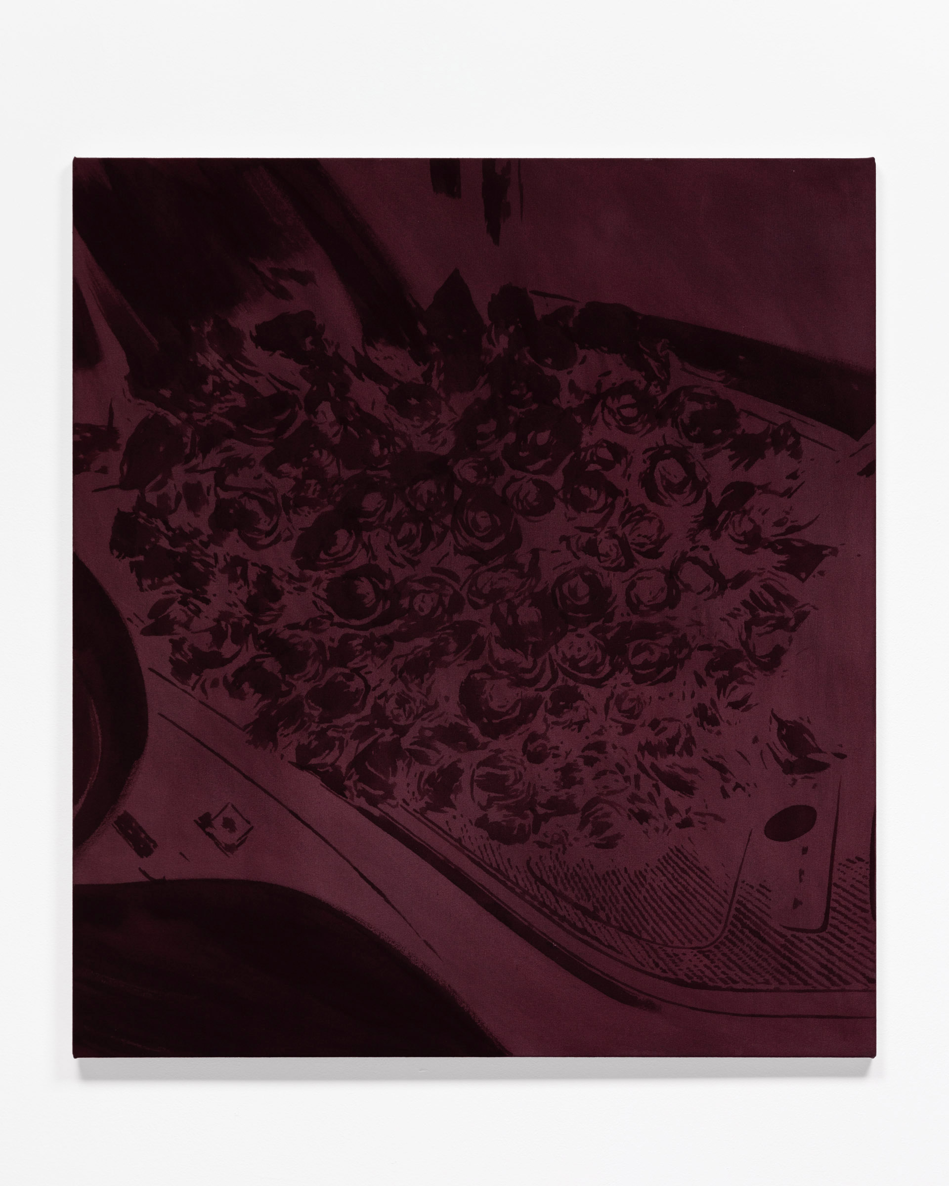 “Trigger Finger 5/12 (Bouquet of Roses in Front Passenger Seat)”, gouache on canvas, 38” X 34” / 96.52cm X 86.36cm, 2024