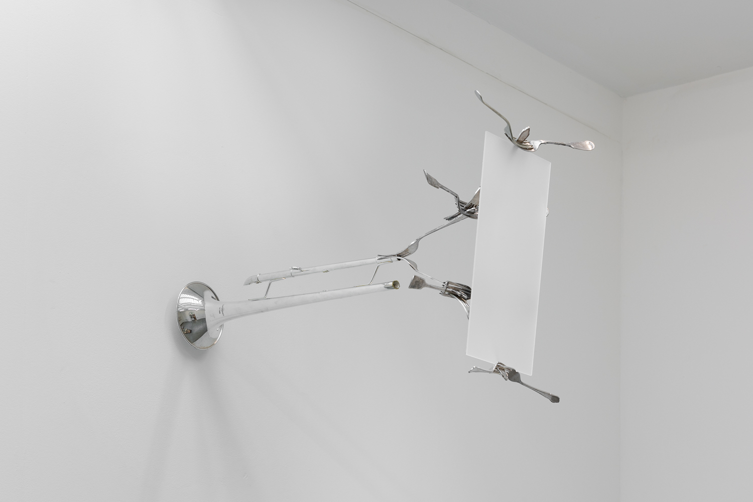 2024 Doubt, Trumpet horn, silver forks, Industrial frosted PVC.