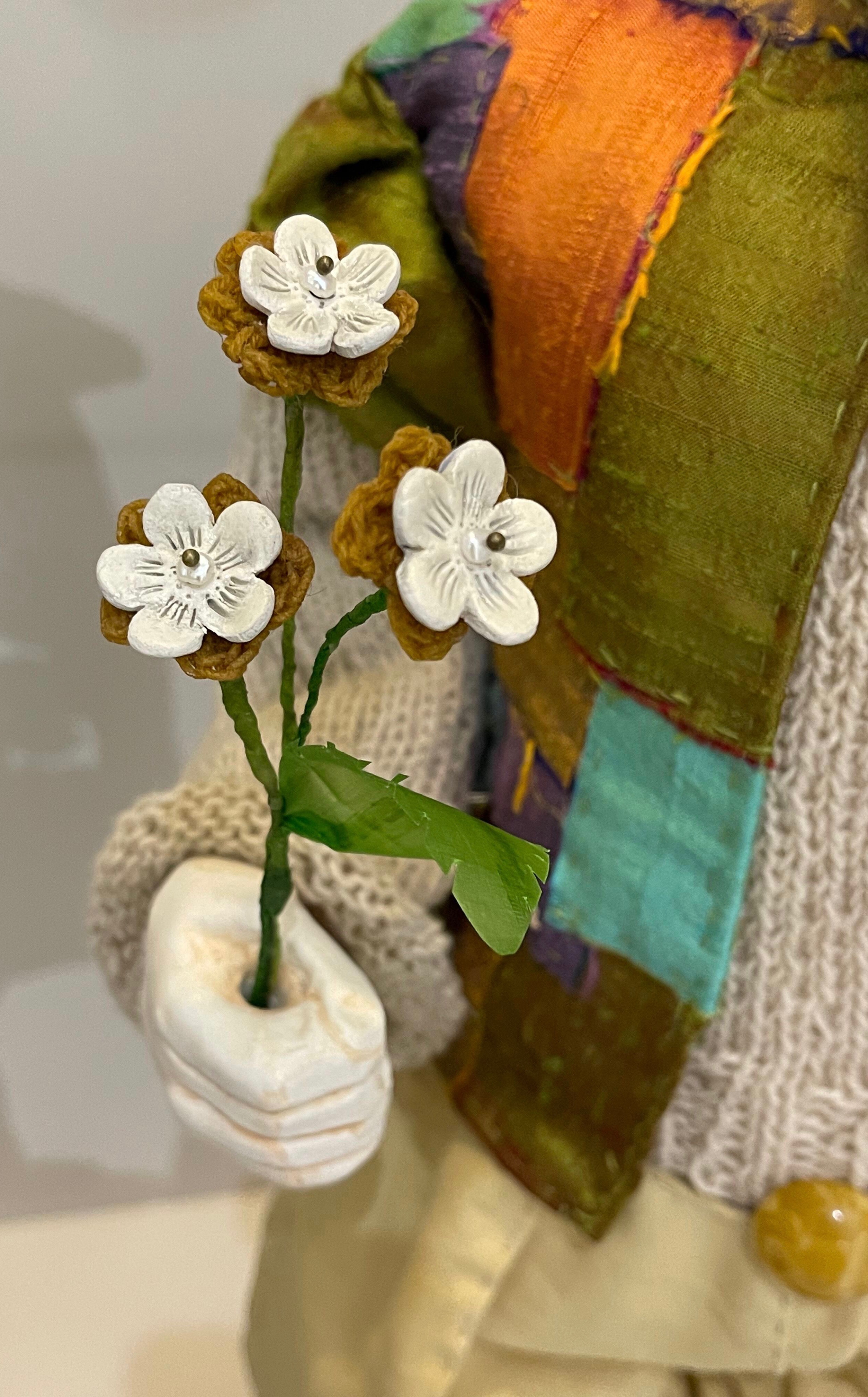 Detail of untitled deer → flower bouquet, porcelain, crocheted yarn and silk fabric with bees wax, glass and gem beads, wire