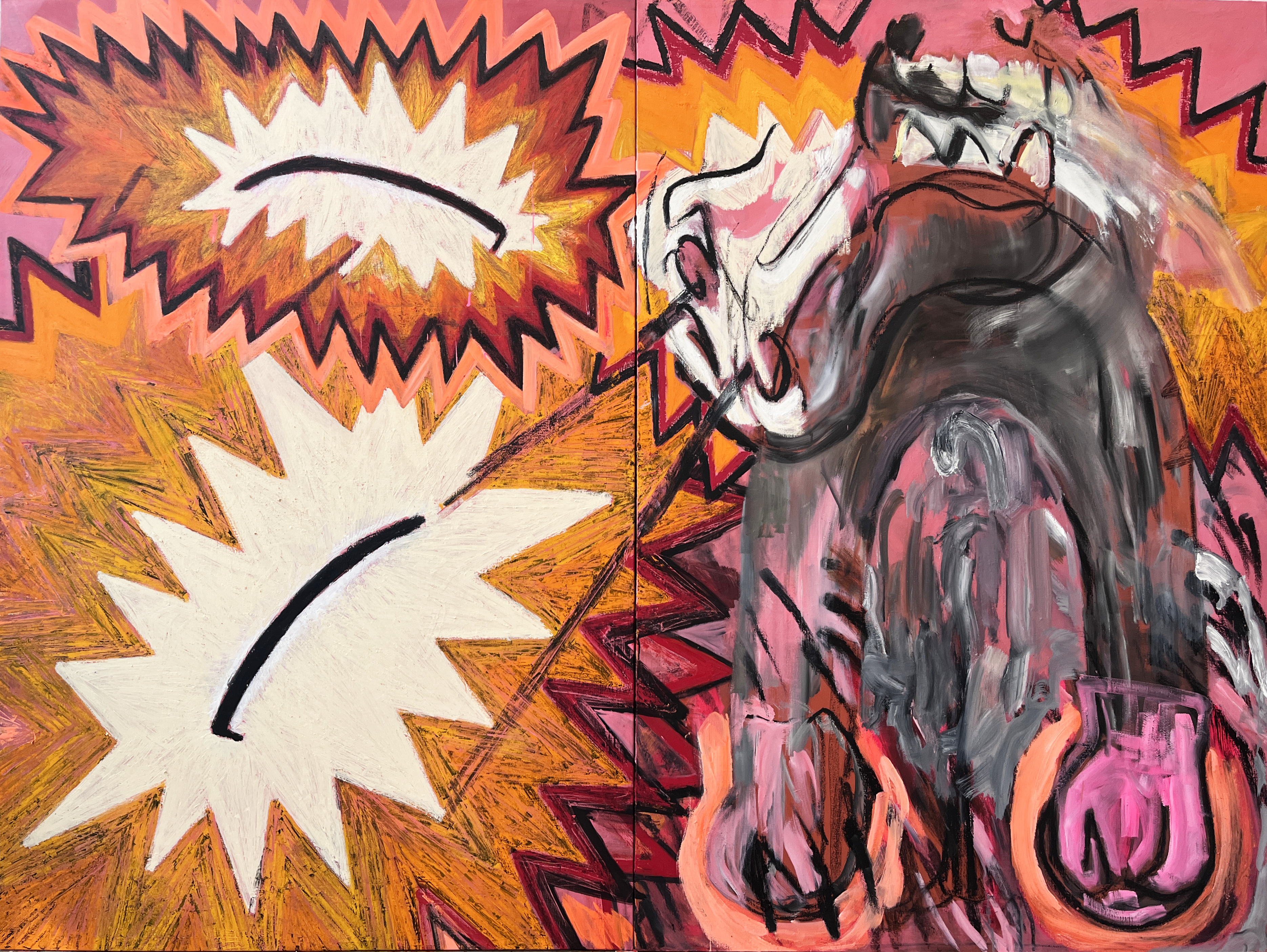 The Fist, 2023, huile, bâton d'huile, fusain sur toile, 195x260cm