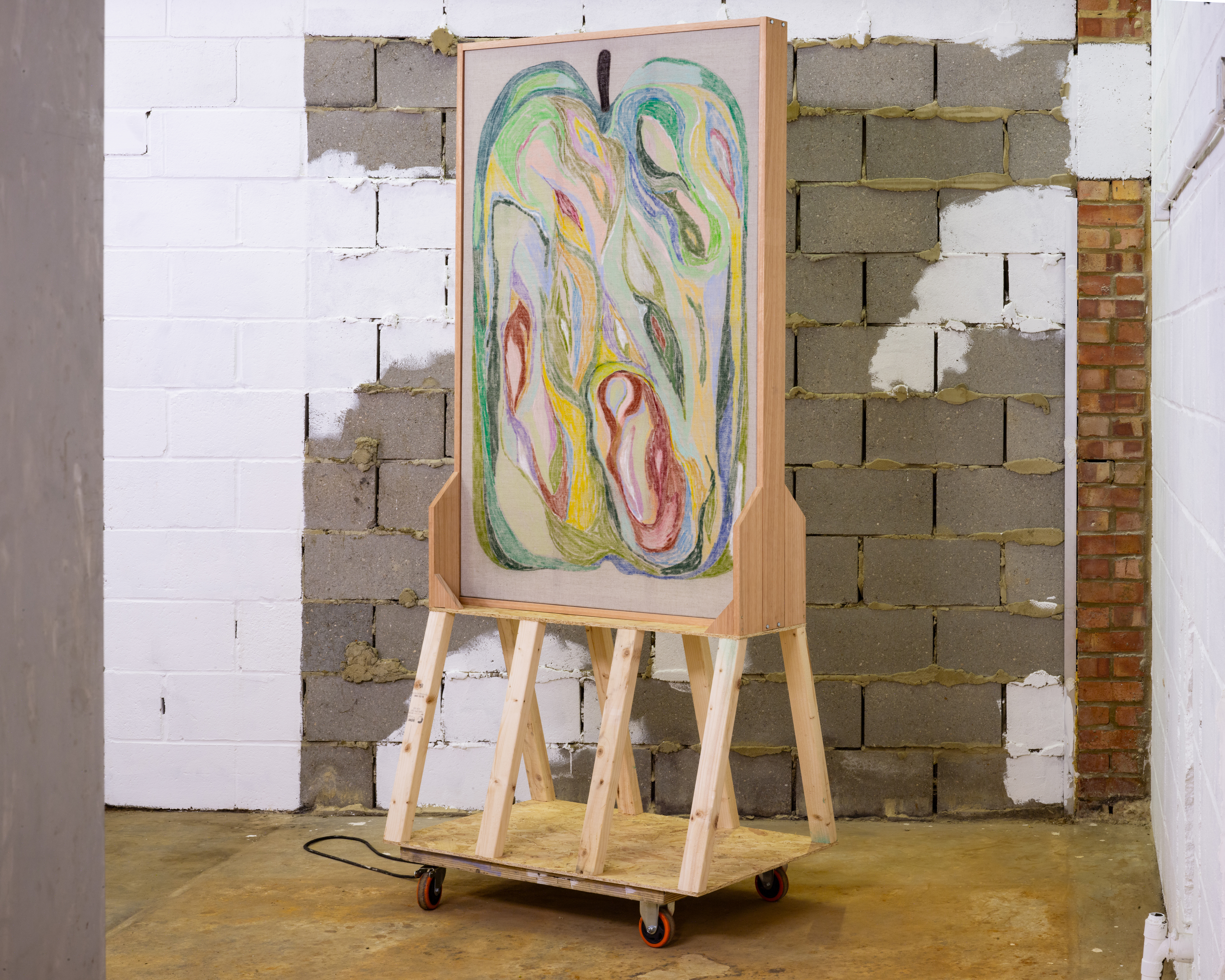 Untitled (Apple 8), 2024, oil, soft pastel, & graphite on linen W/ meranti, pine, & castors 238x106x63cm
