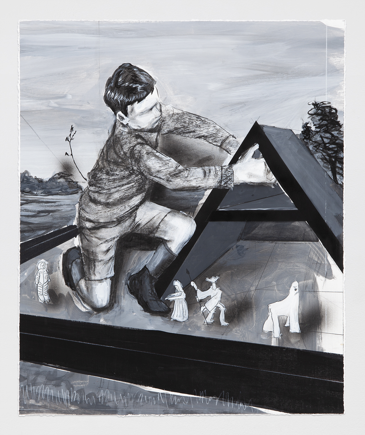 A Frame; Charcoal, Graphite, acrylic paint, on paper; 20x24”