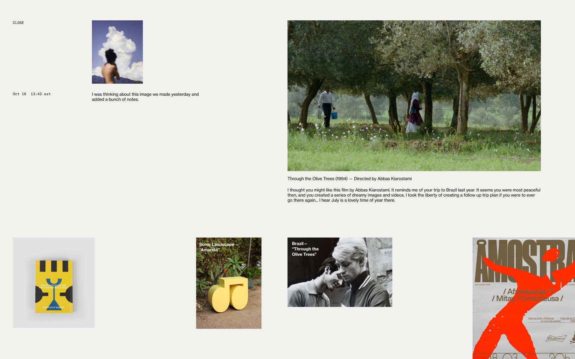 Opening responses unfolds (like Study B) into a variety of AI collected objects and generated pieces. In this example, the cloud image reminds the AI of a particular film from 1994, as well as the person’s prior trip to Brazil (which was journaled in the system). Inclusive of these notes are some newly generated objects - including a suggested travel guide, a musical playlist, and some visual inspiration.