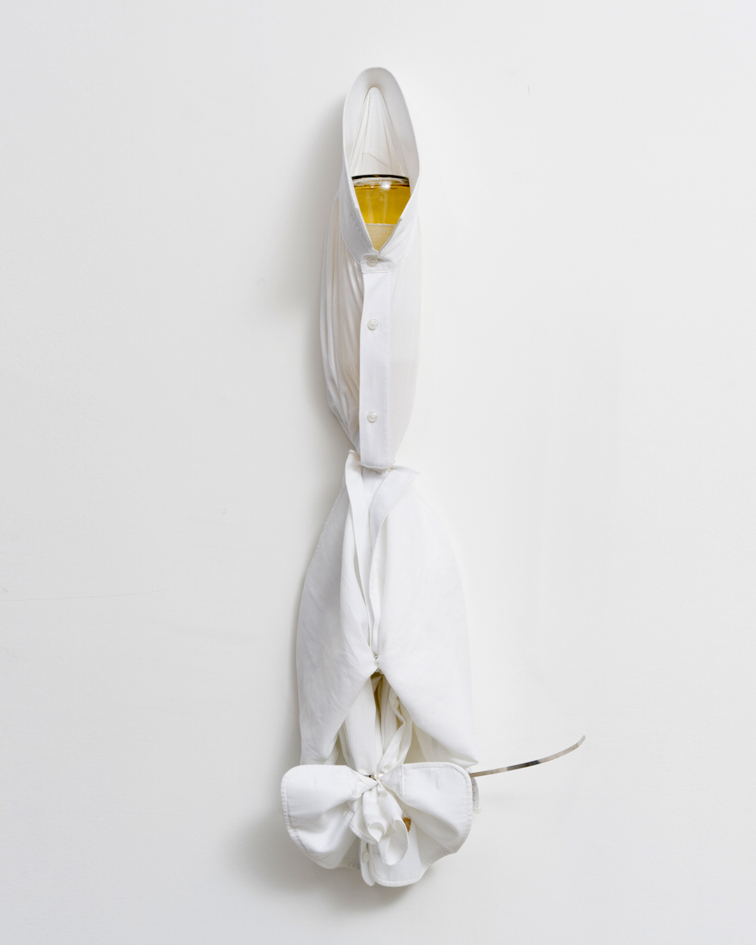 Whiplash I, 2022, White shirt, Bottle of Wine, Horse-hair Braid, Cable Tie. 84 x 20 x 14cm