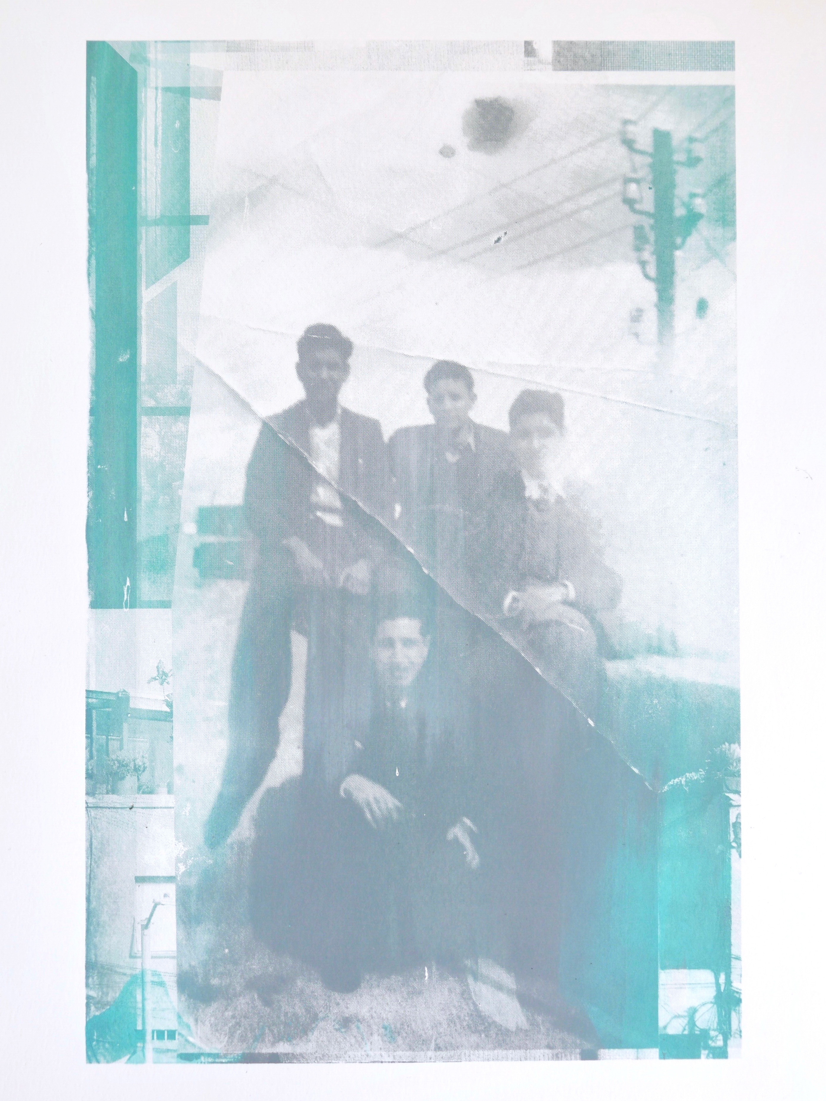 Monoprints (above), digital collage, and silkscreen experimentation, based on an old photograph of my grandfather and his friends. 