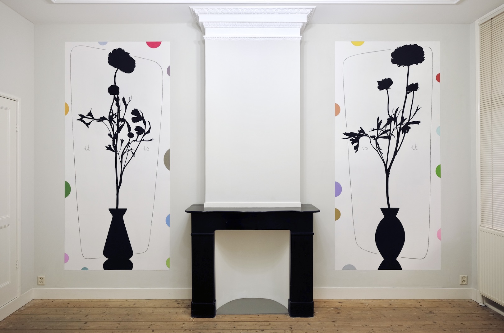 As ensembles go by, no. 8, ‘Another 2 balancing acts’, 2025, acrylic and charcoal on wall, each 250 x 115 cm. 