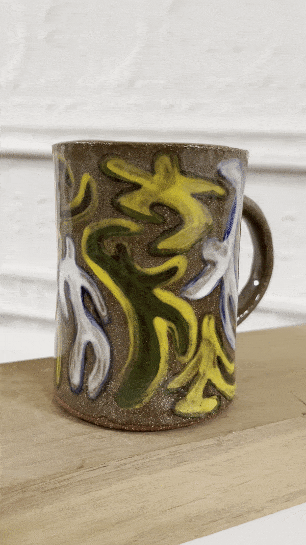 Painting on a Nina Berman mug, 2022, Clay, Underglaze, Clear glaze, 4 x 4 inches