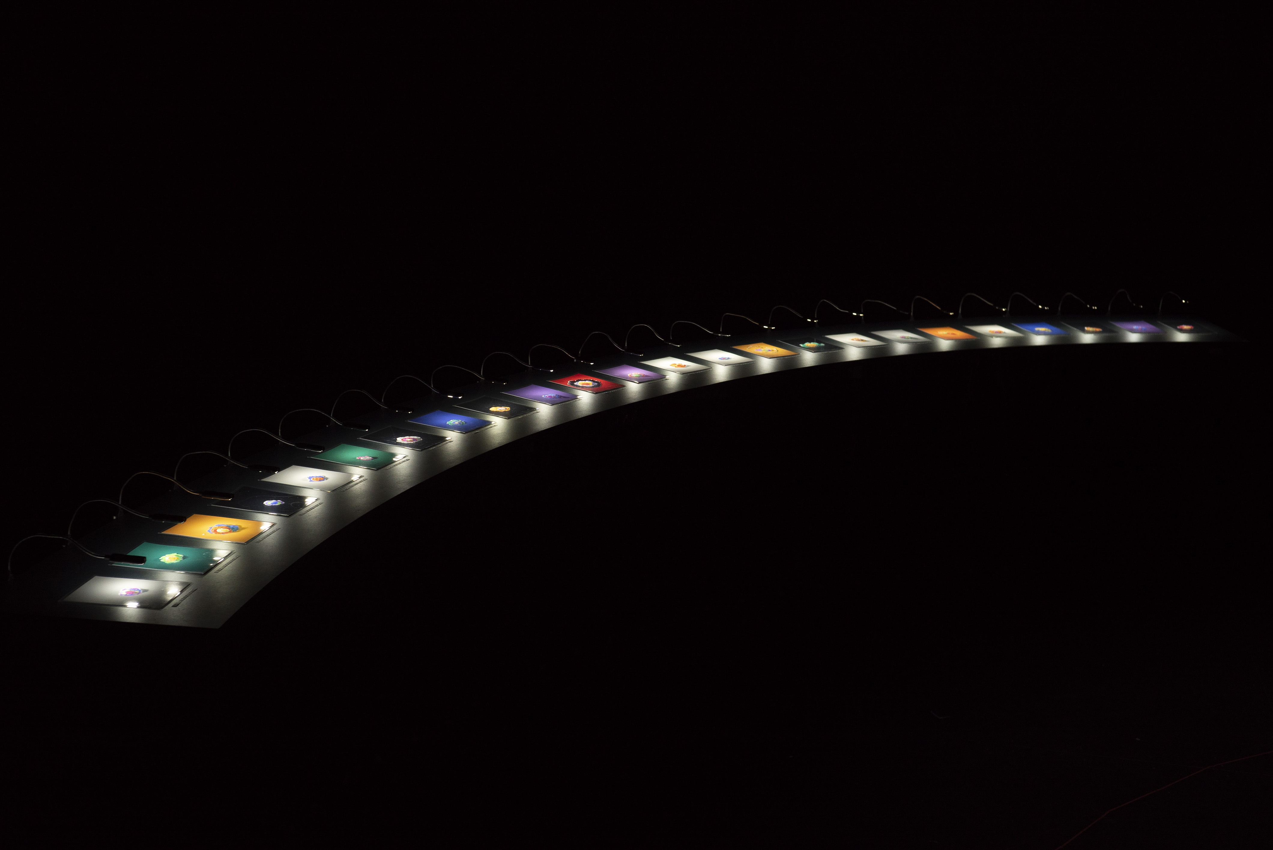 Articles from the Snail-man archive, 24 archival prints, 24 articulated lamps, curved mdf bench (2023)