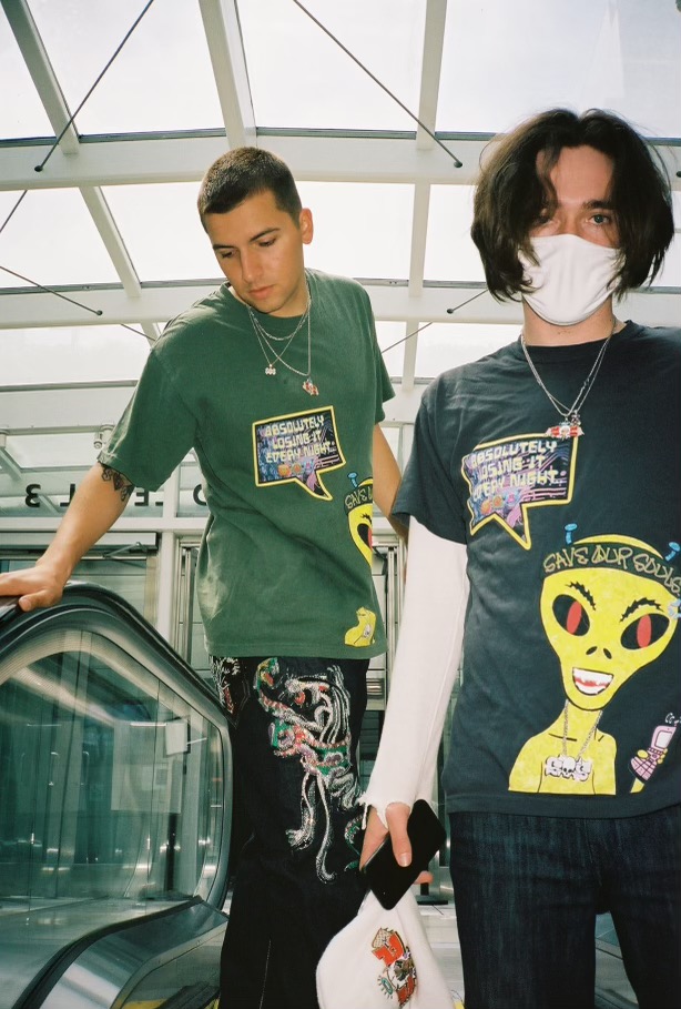 Oleg and I wearing the SOS 'Alien' Tee, which was a collaborative design between us