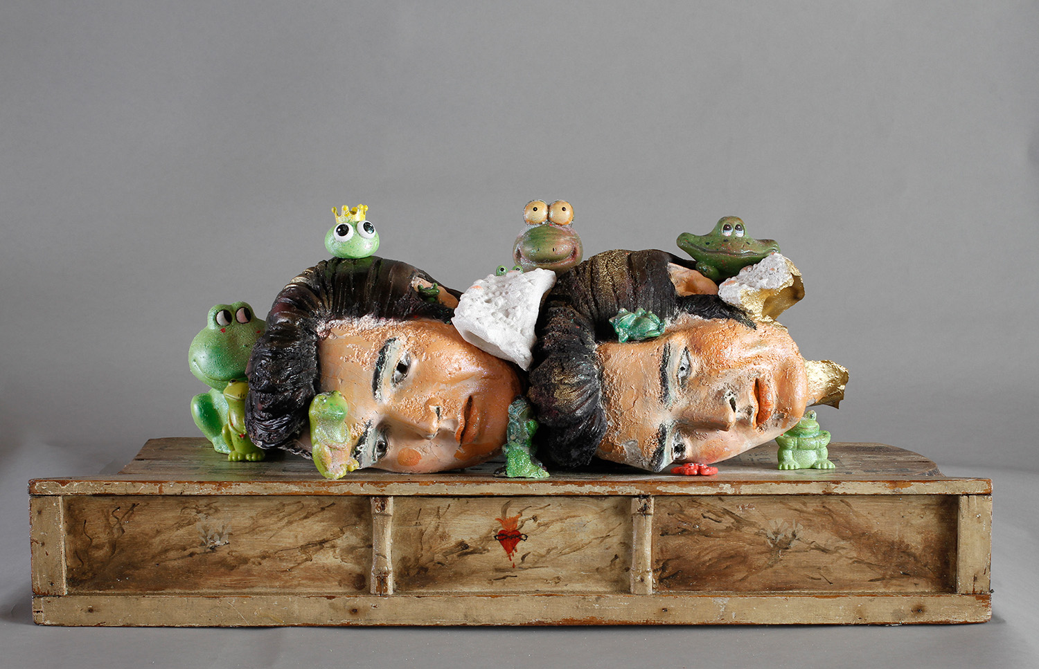 Croaked Double Elvis, 2012, Painted plaster on artist’s shelf, with embellishments and found objects, 13 x 33 x 11 ½ in.