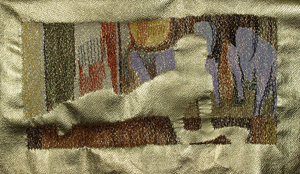 Diamond Dogs. Embroidery on pleather. 14" x 30". 2014. Photo: Tim Thayer.