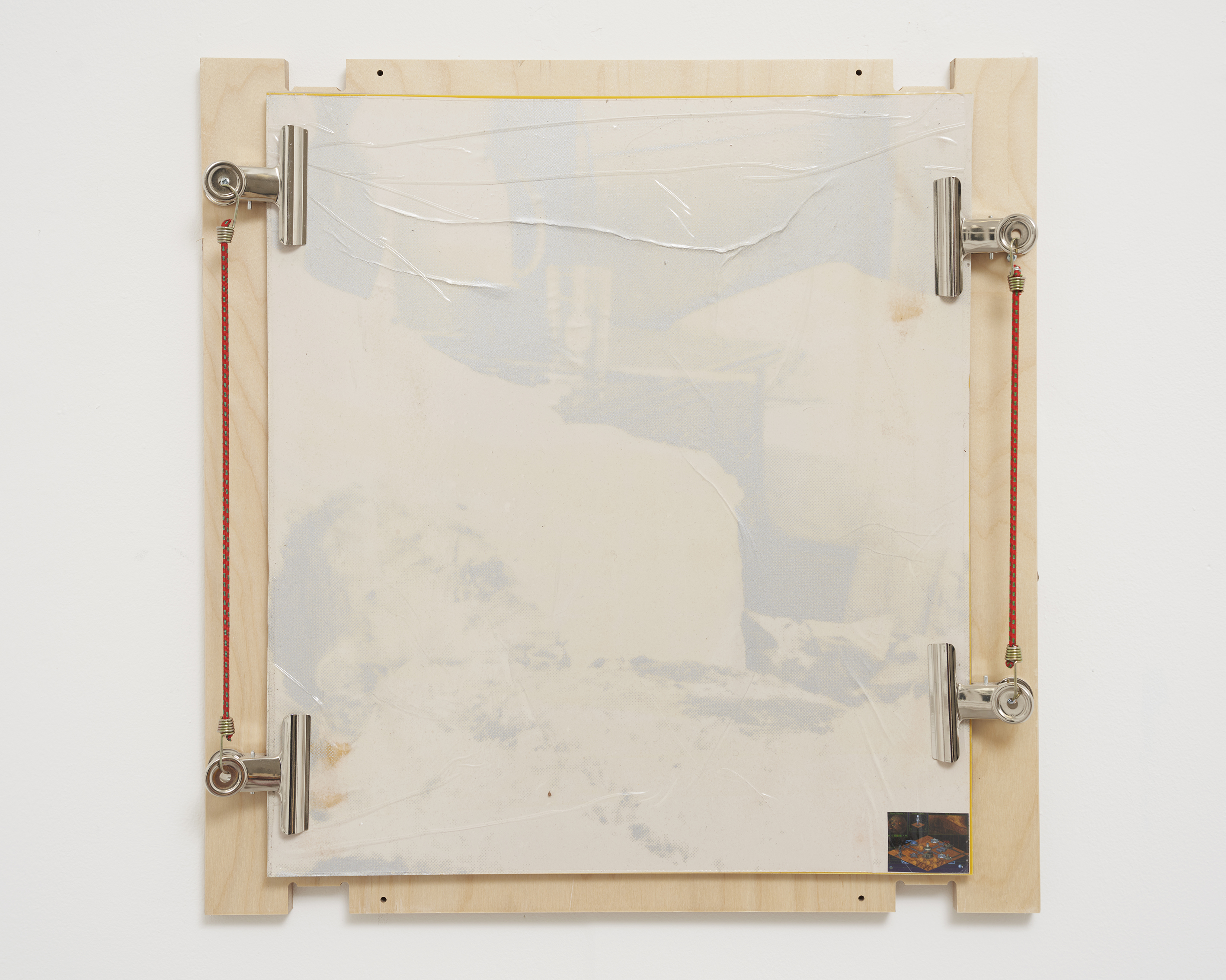 Ophelia airport printout, 2022. (Aluminium powder & acrylic silkscreen print on paper W/ thermoplastic, bungie chords, & ply)